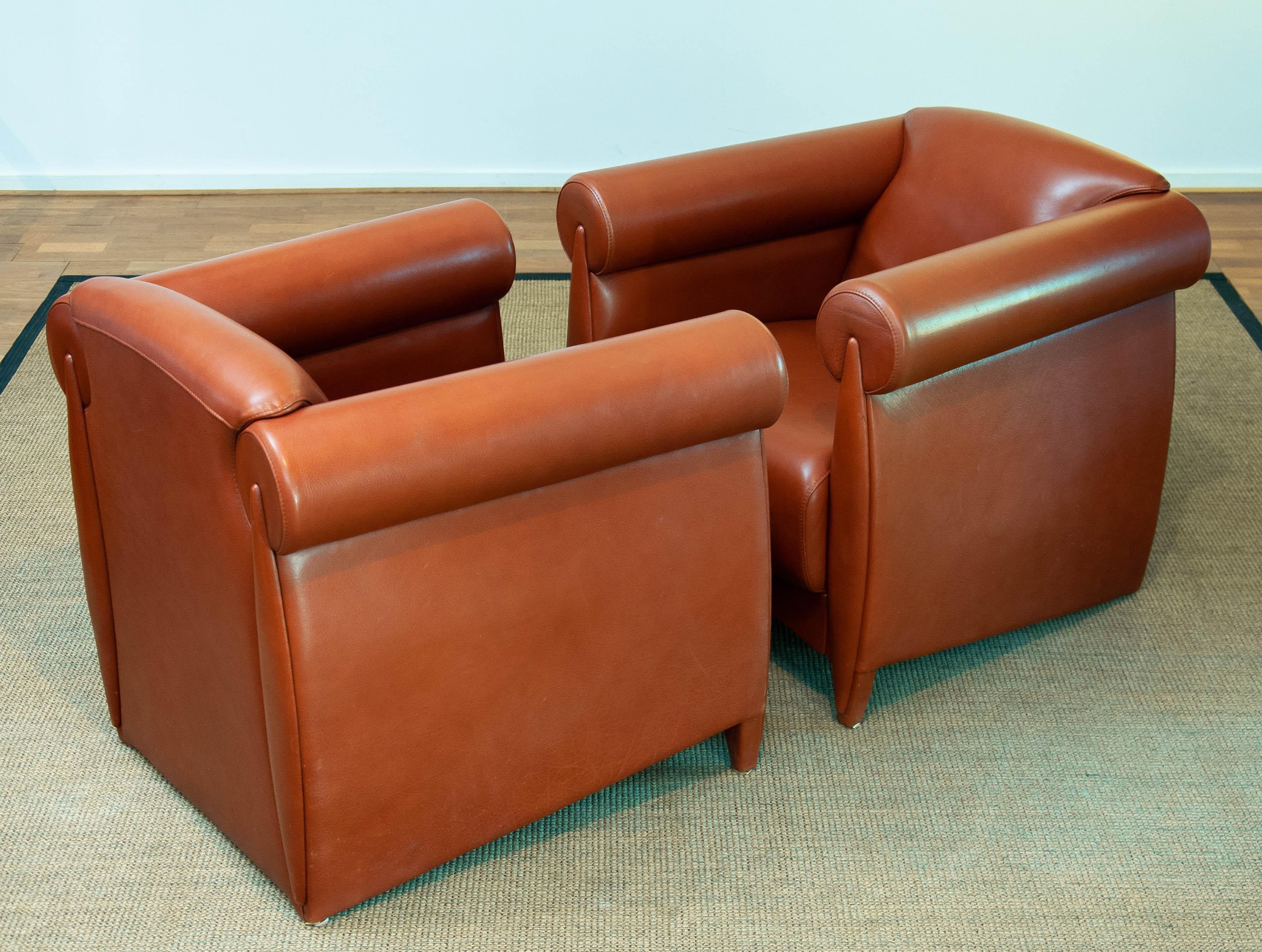 Late 20th Century 1980s Modern Pair Lounge / Club Chairs In Cognac Leather By Klaus Wettergren For Sale