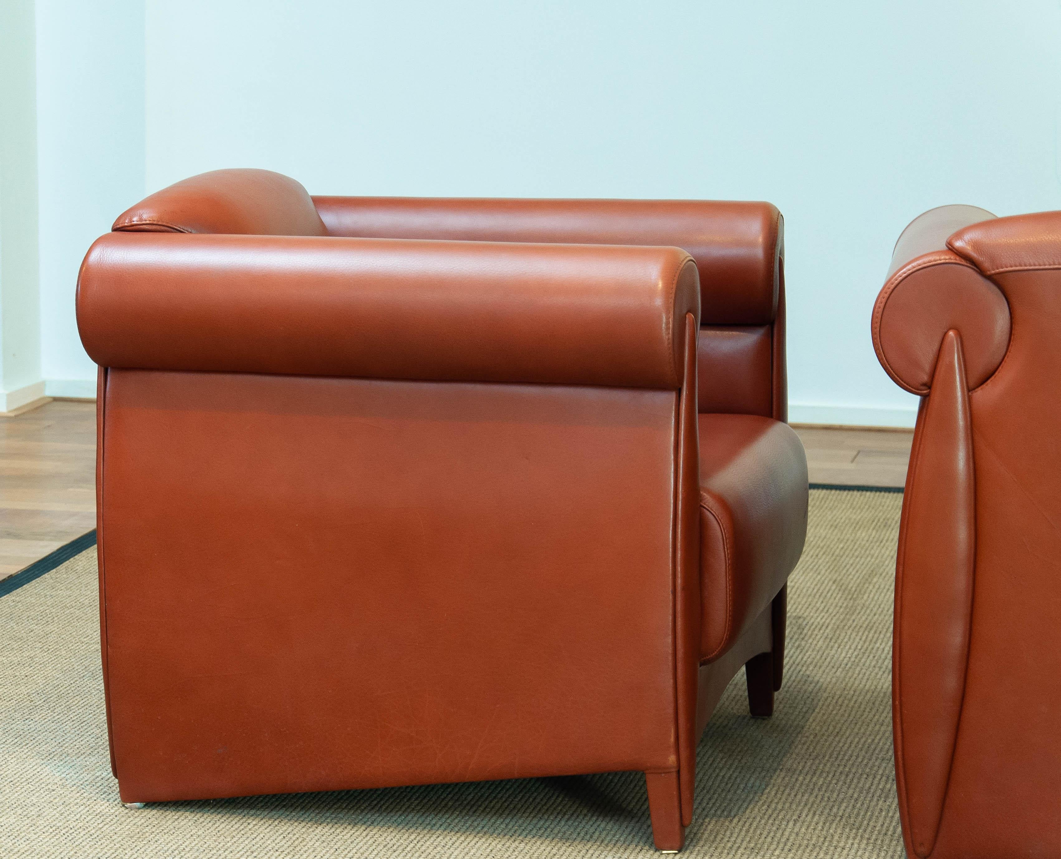 1980s Modern Pair Lounge / Club Chairs In Cognac Leather By Klaus Wettergren For Sale 1