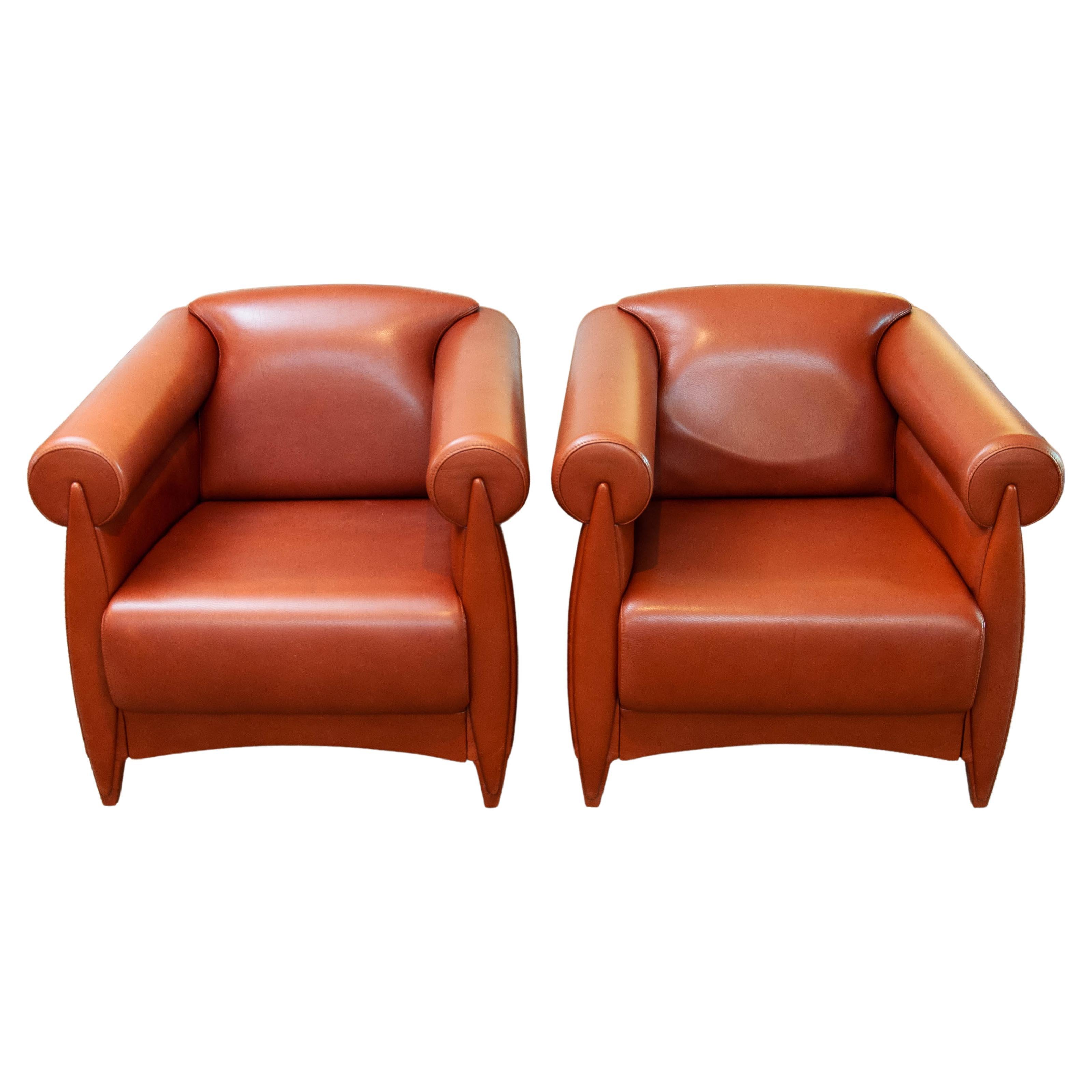 1980s Modern Pair Lounge / Club Chairs In Cognac Leather By Klaus Wettergren