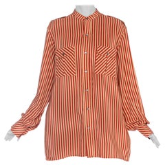 1980
s Modern Patch Pocket Stripe Silk Crepe Blouse