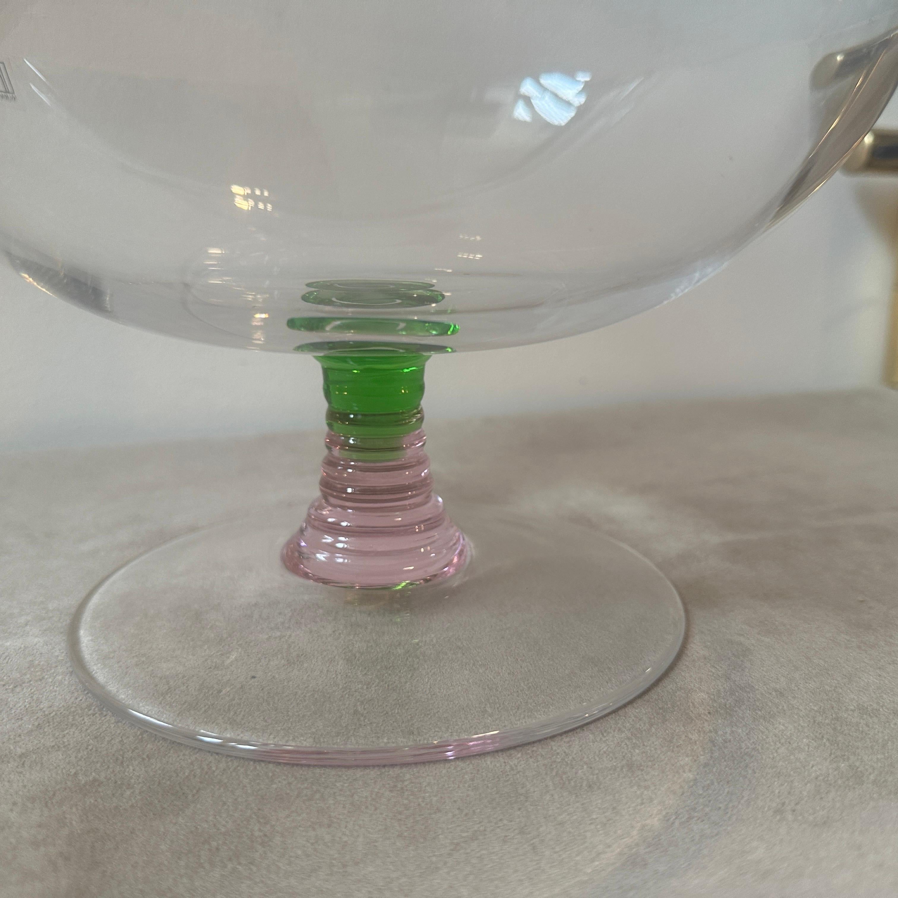 Italian 1980s Modern Pink, Green and Clear Murano Glass Bowl By Nason & Moretti For Sale