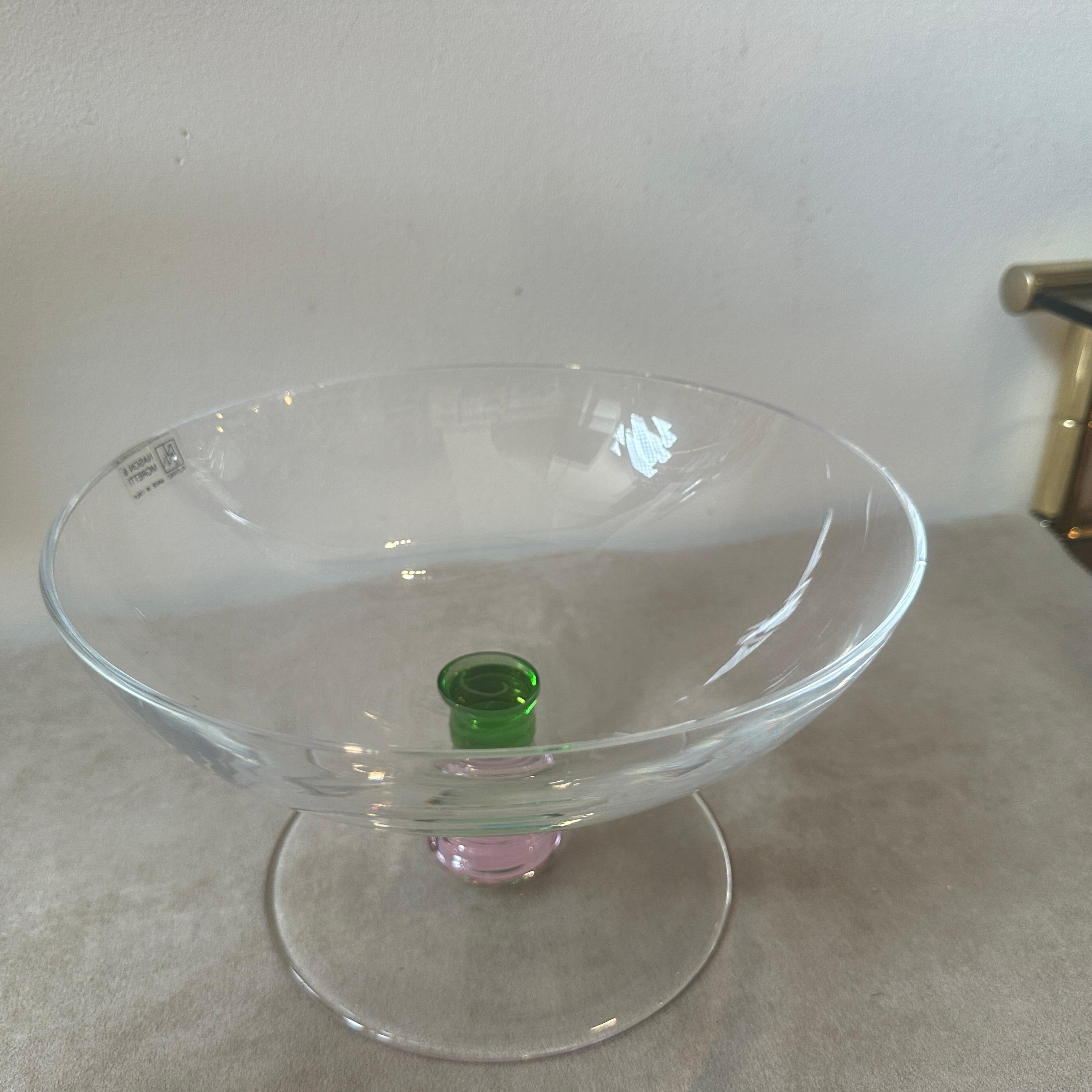 Hand-Crafted 1980s Modern Pink, Green and Clear Murano Glass Bowl By Nason & Moretti For Sale