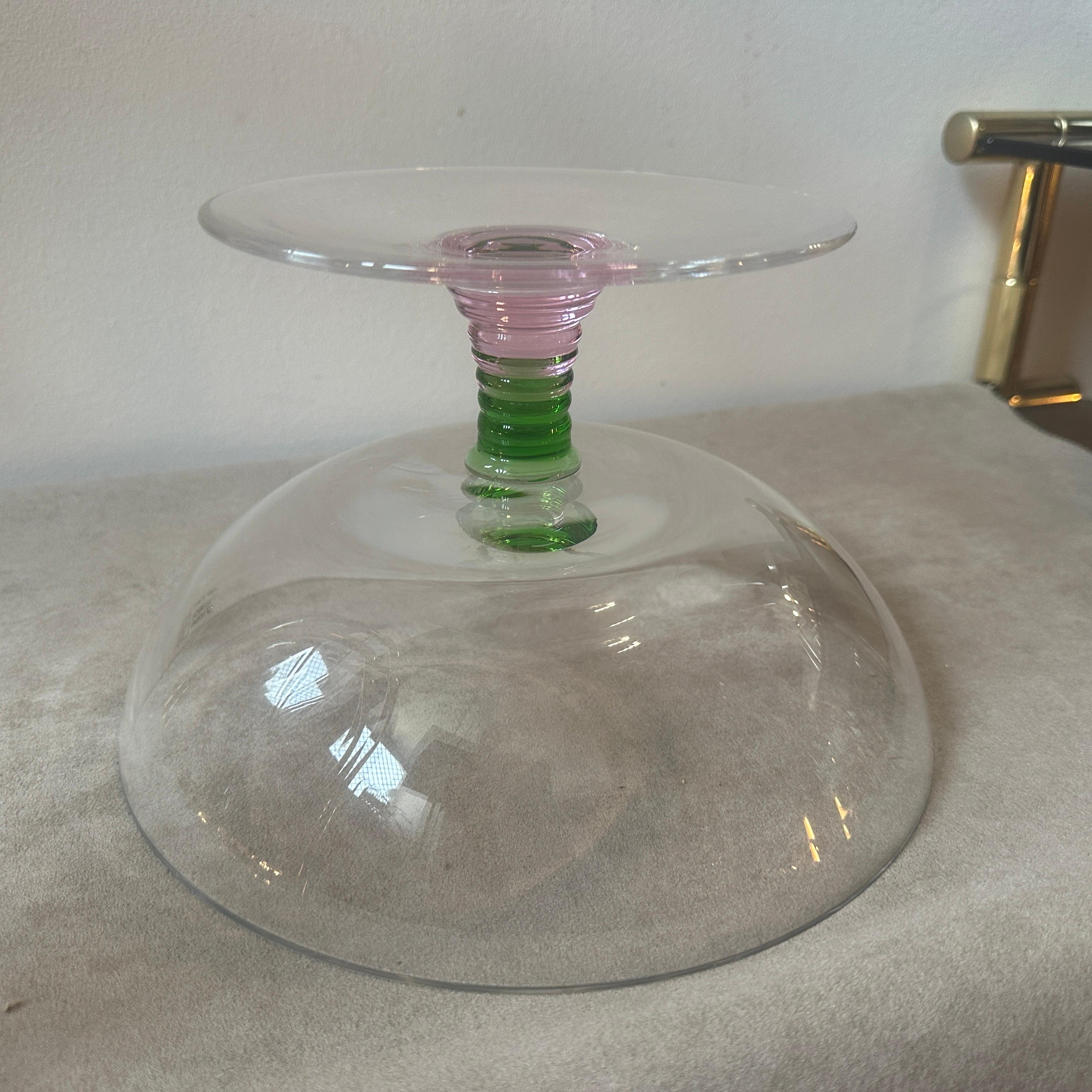 1980s Modern Pink, Green and Clear Murano Glass Bowl By Nason & Moretti For Sale 2