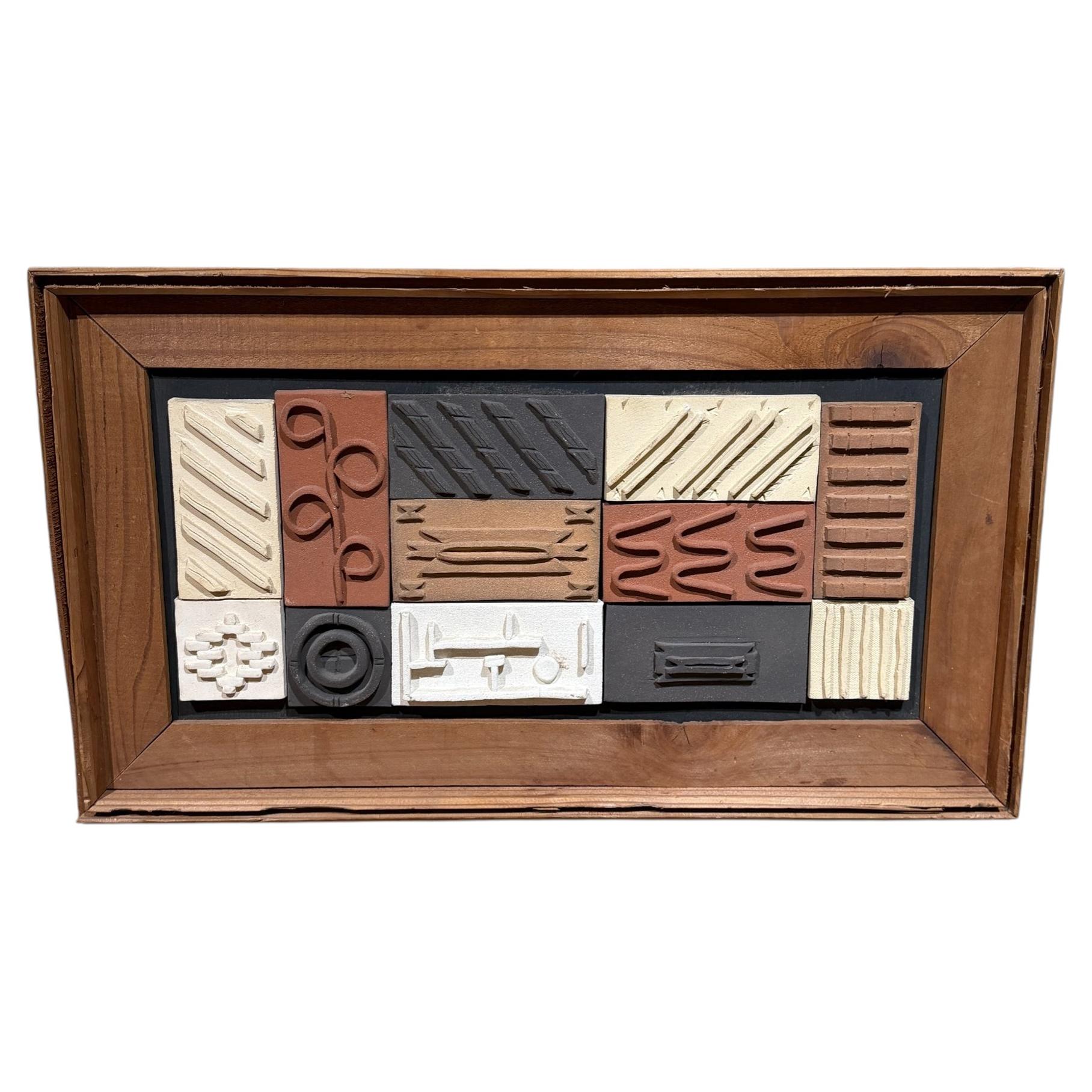 1980s Modern Pottery Tile Wall Art Framed Wood, Geometric Design Mid-Century Mod