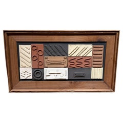 1980s Modern Pottery Tile Wall Art Framed Wood, Geometric Design Mid-Century Mod