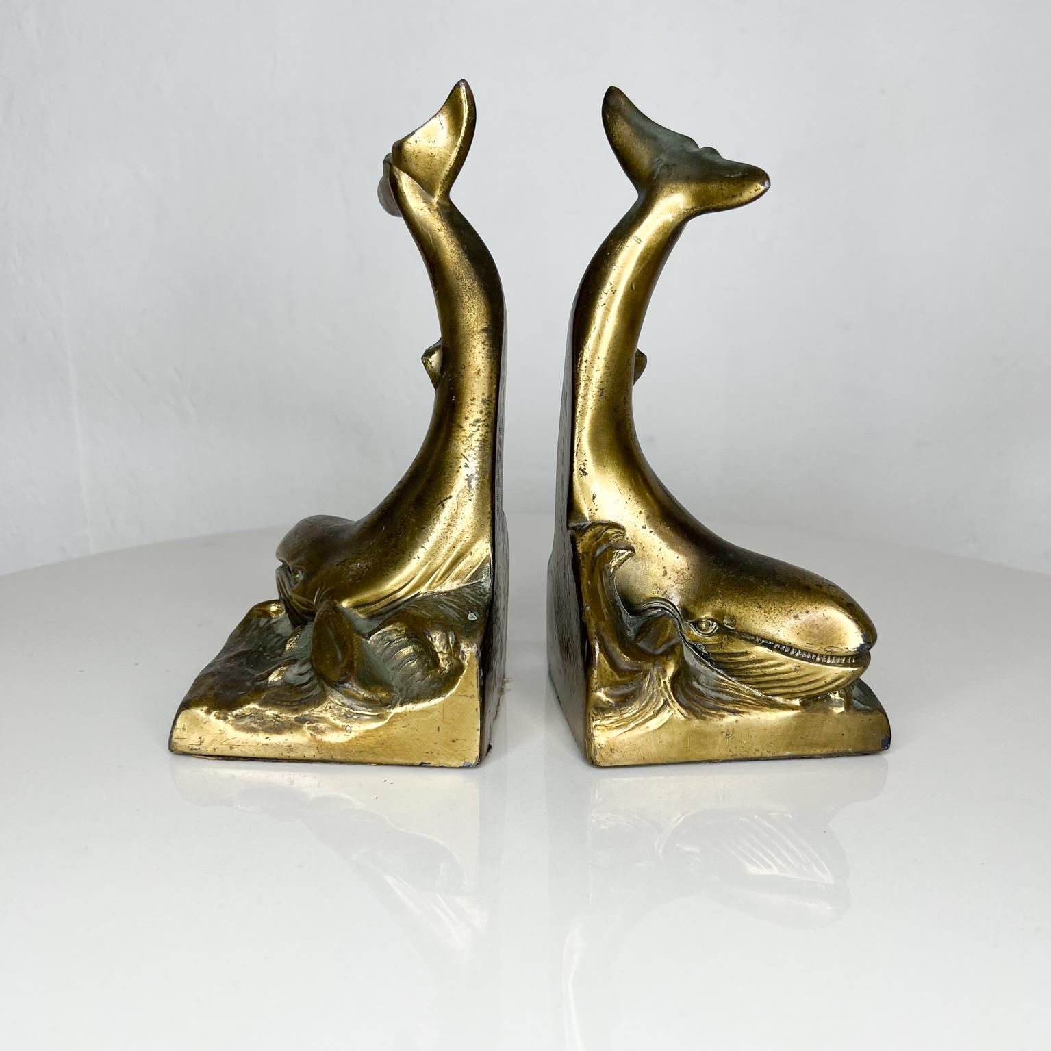 1980s Modern Sculptural Golden Whale Bookends in Patinated Brass In Good Condition In Chula Vista, CA