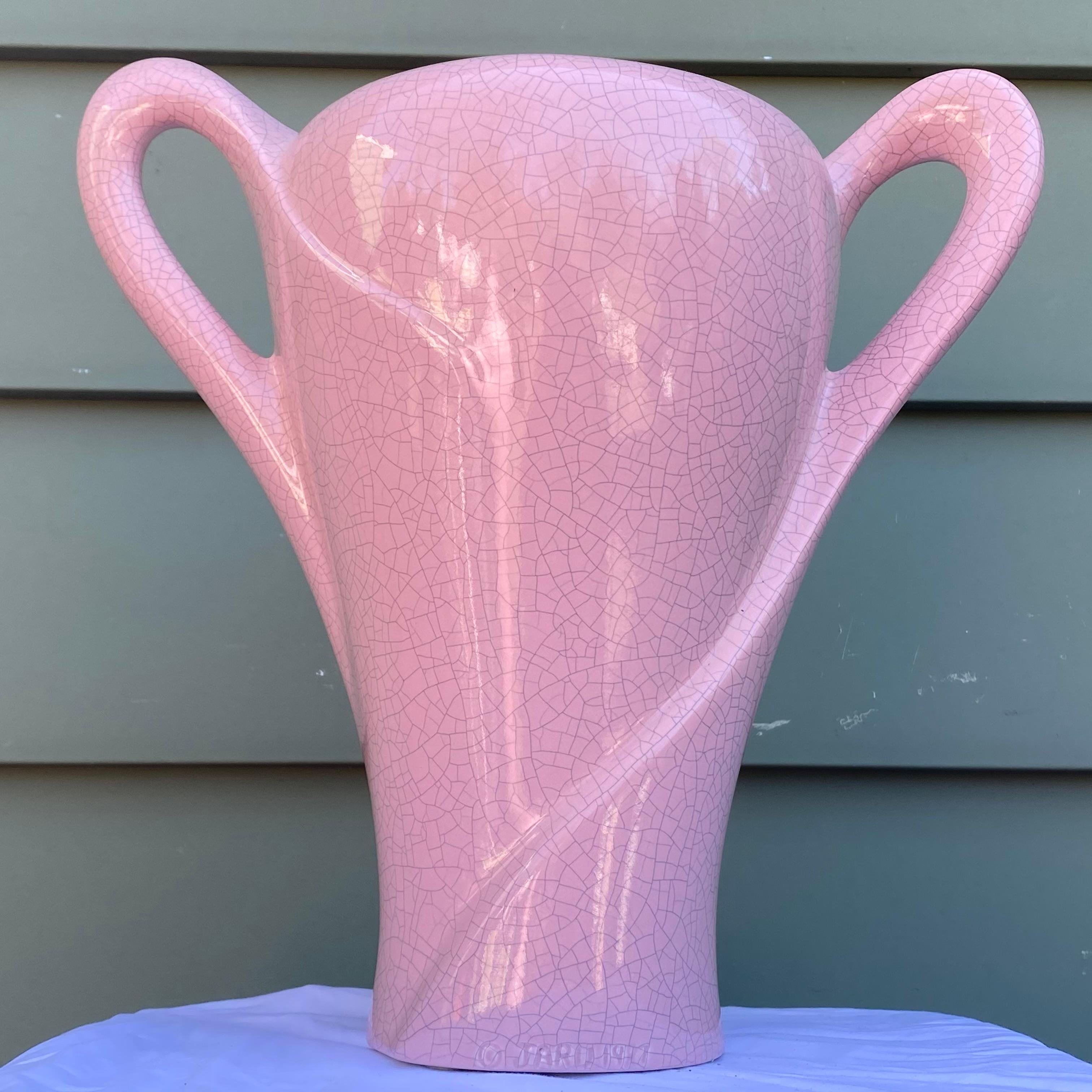 1980's Modern Sculptural Pink Crackle Vase by Jaru For Sale 7