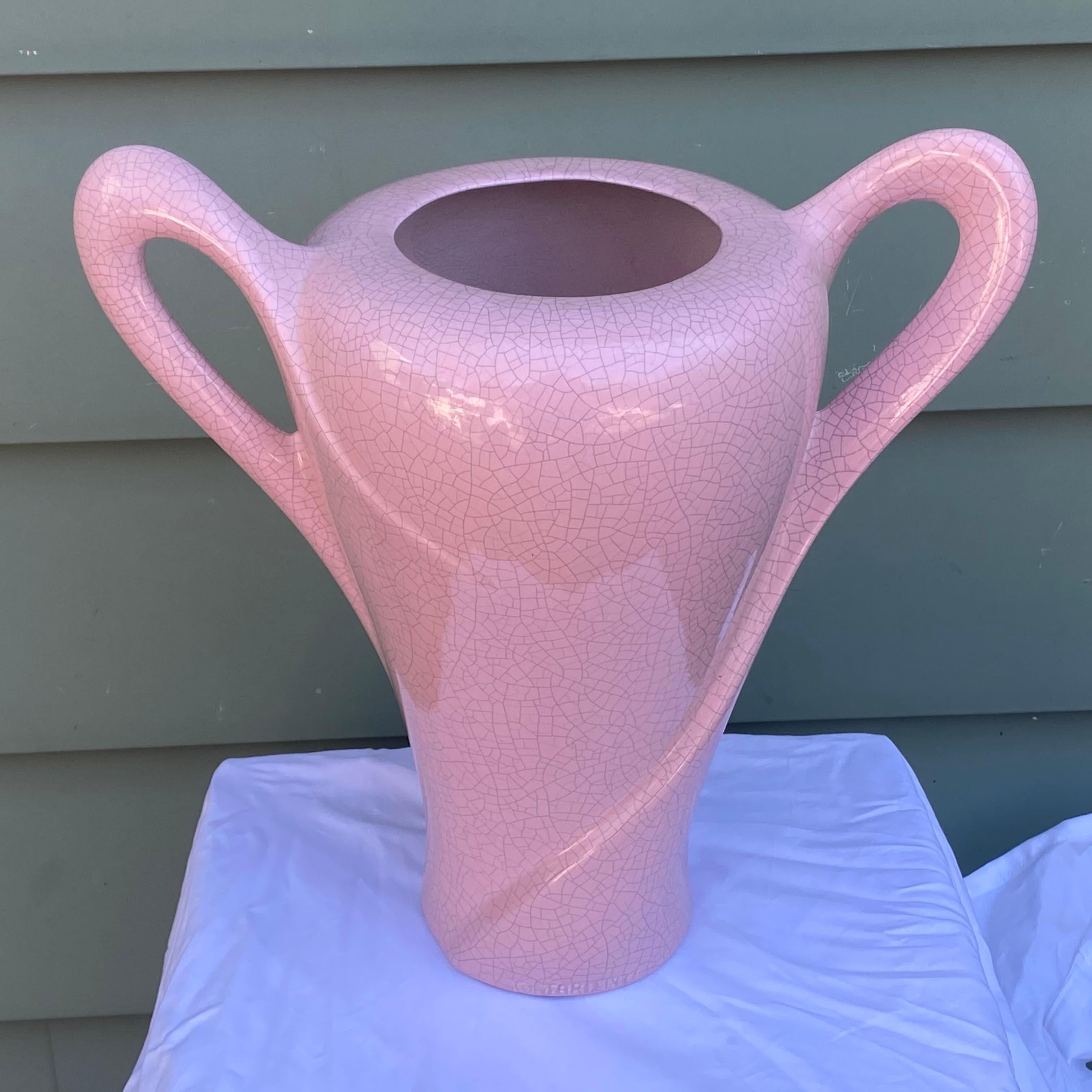 American 1980's Modern Sculptural Pink Crackle Vase by Jaru For Sale