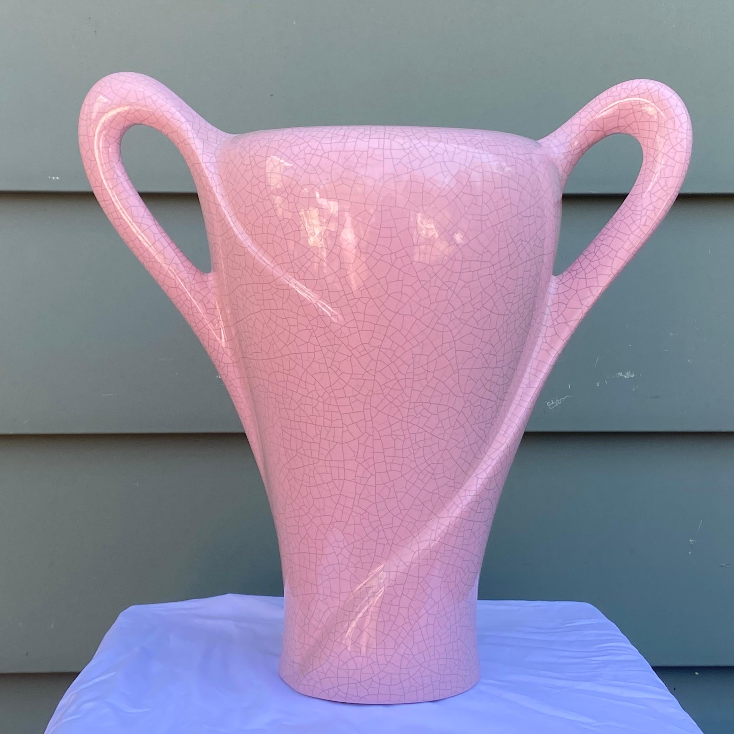 Ceramic 1980's Modern Sculptural Pink Crackle Vase by Jaru For Sale