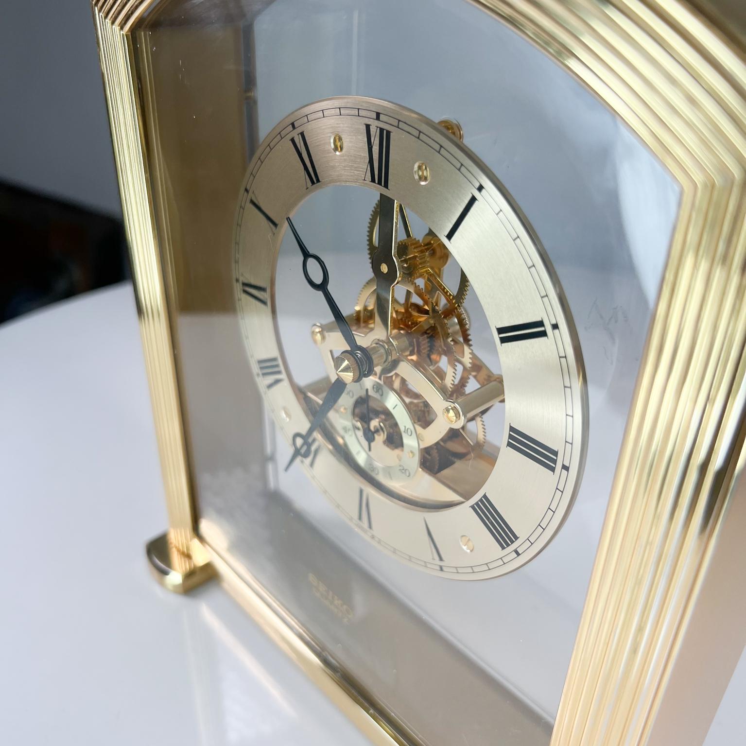 Late 20th Century 1980s Modern Seiko Quartz Skeleton Desk Clock in Brass For Sale