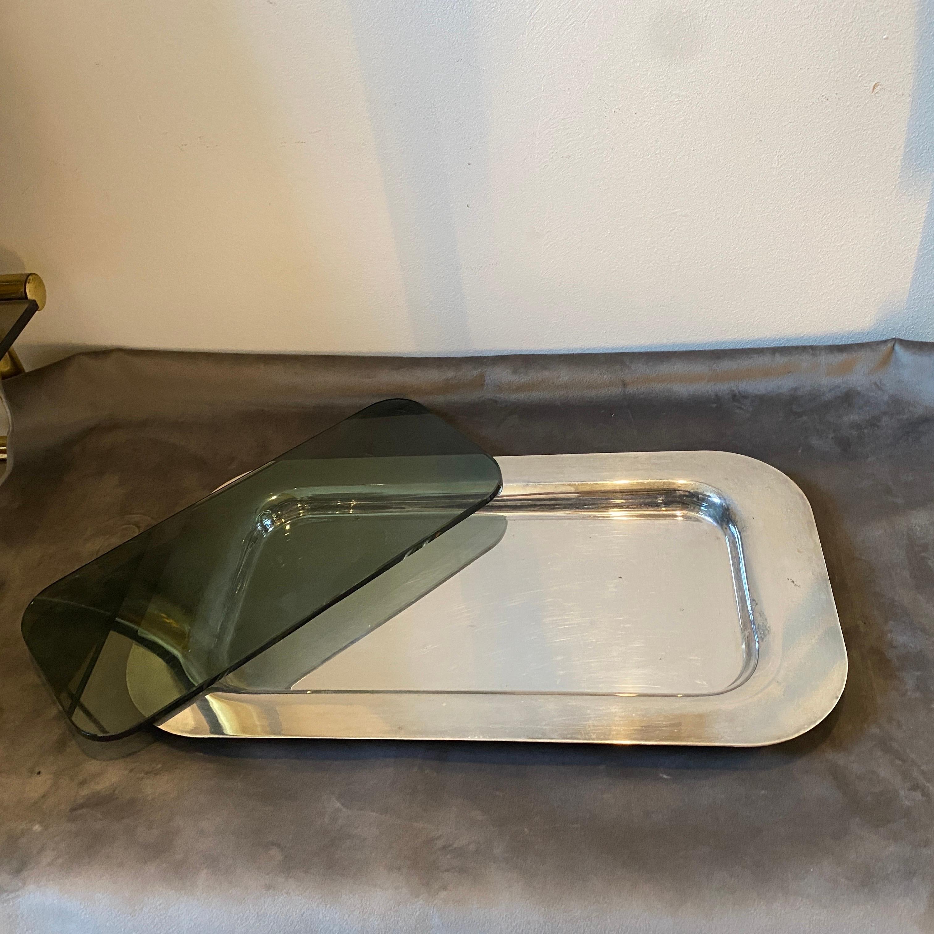 1980s Modern Silver Plated and Dark Gray Glass Rectangular Italian Tray For Sale 1
