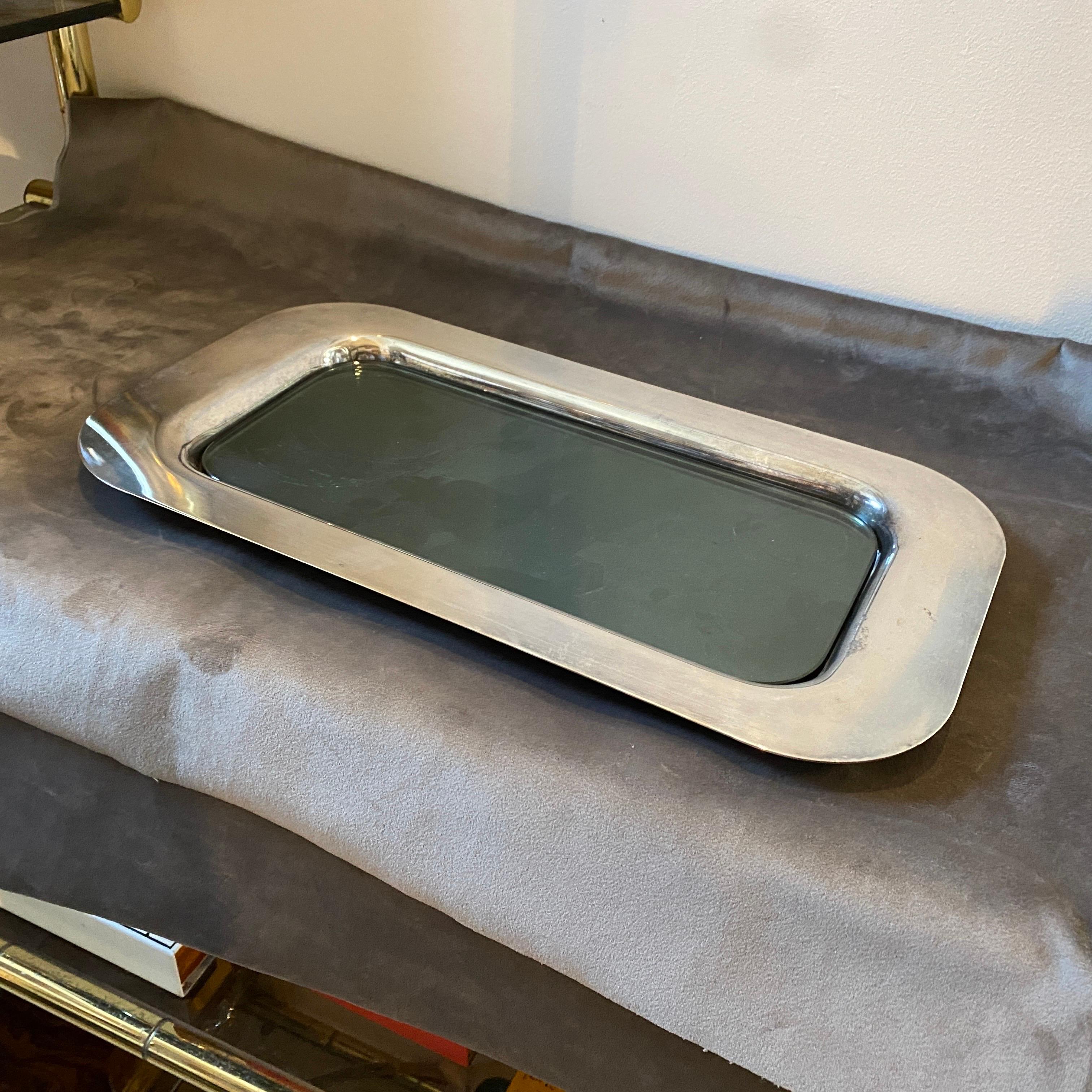 1980s Modern Silver Plated and Dark Gray Glass Rectangular Italian Tray For Sale 5
