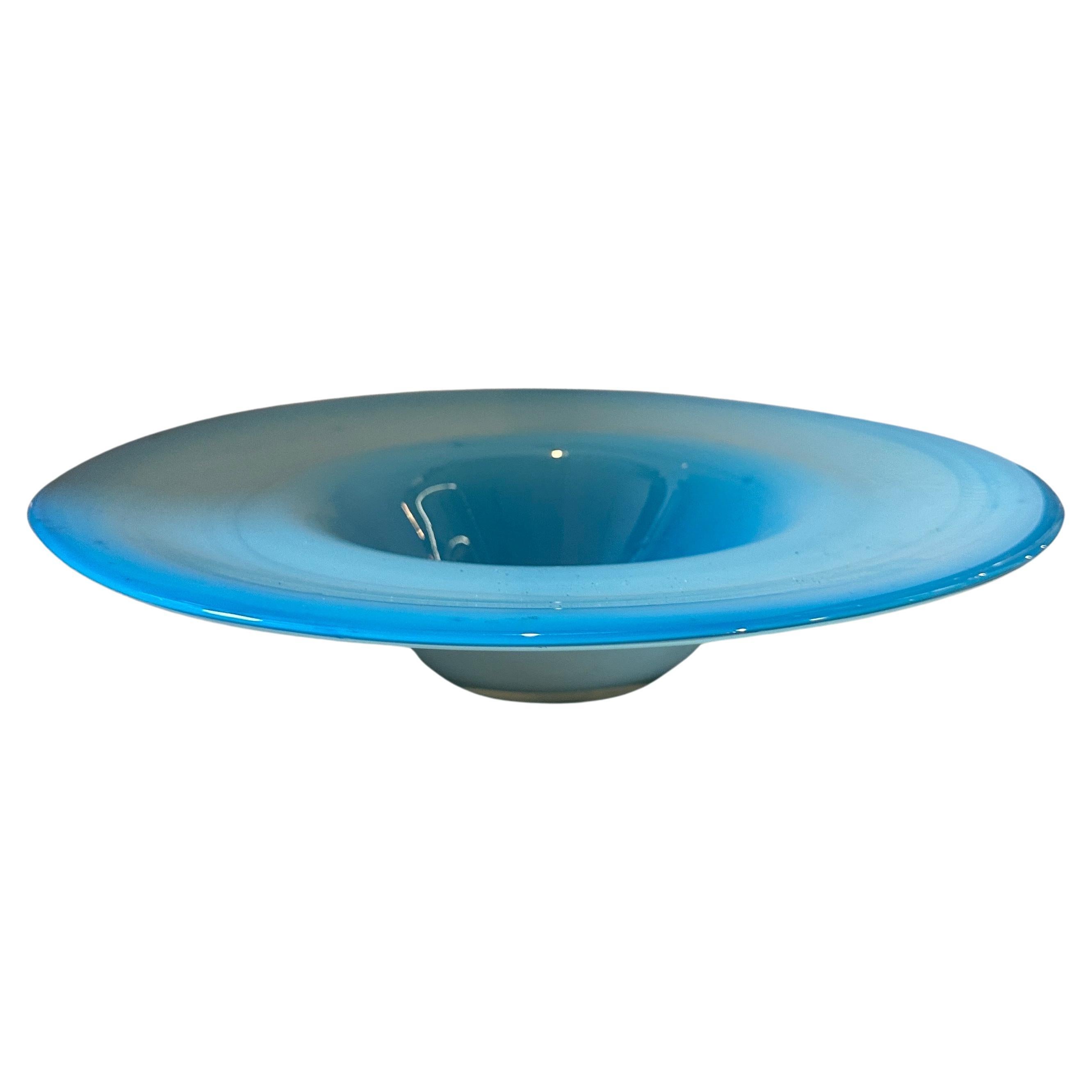Centre de table rond en verre de Murano turquoise et blanc des années 1980