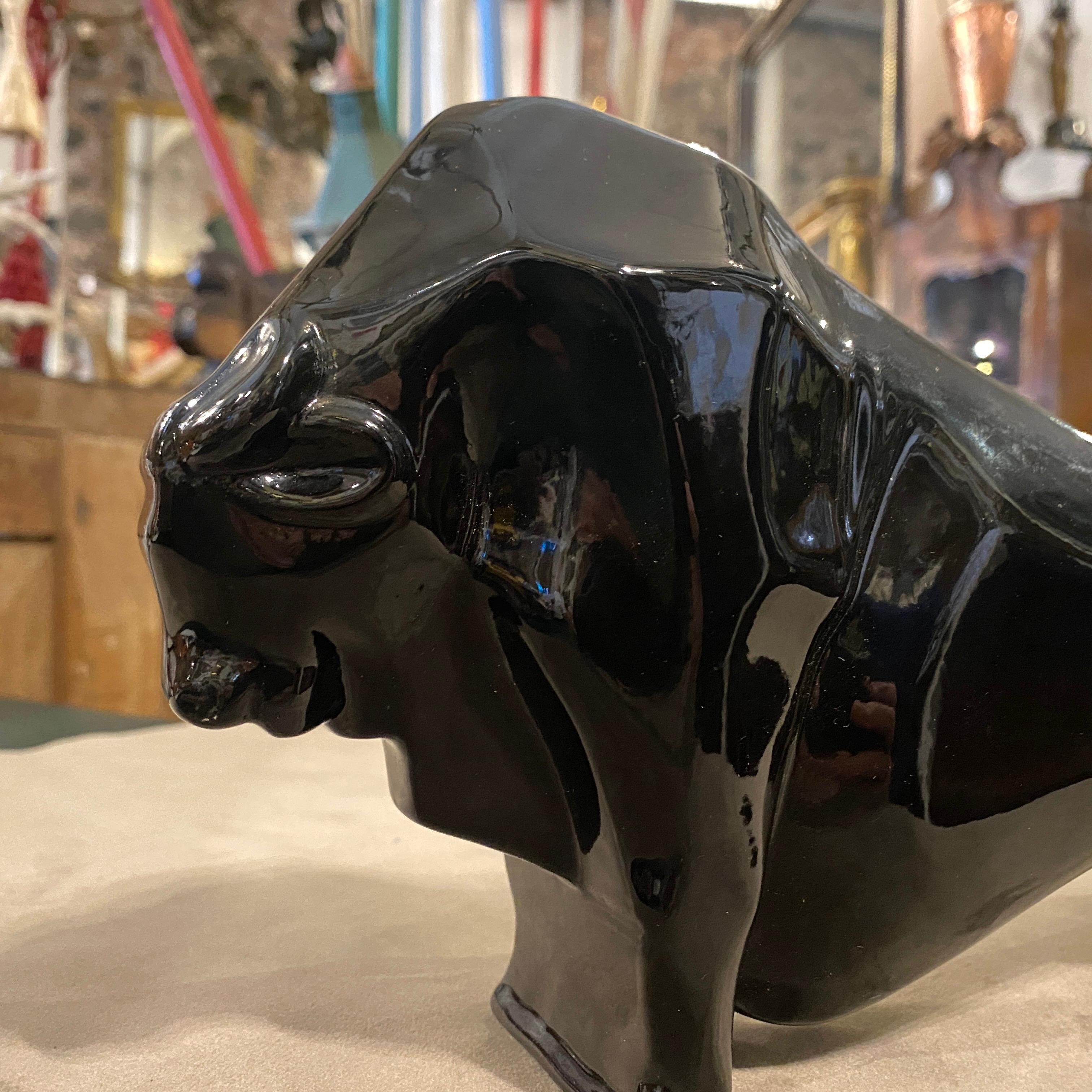 Italian 1980s Modernist Black Ceramic Bull