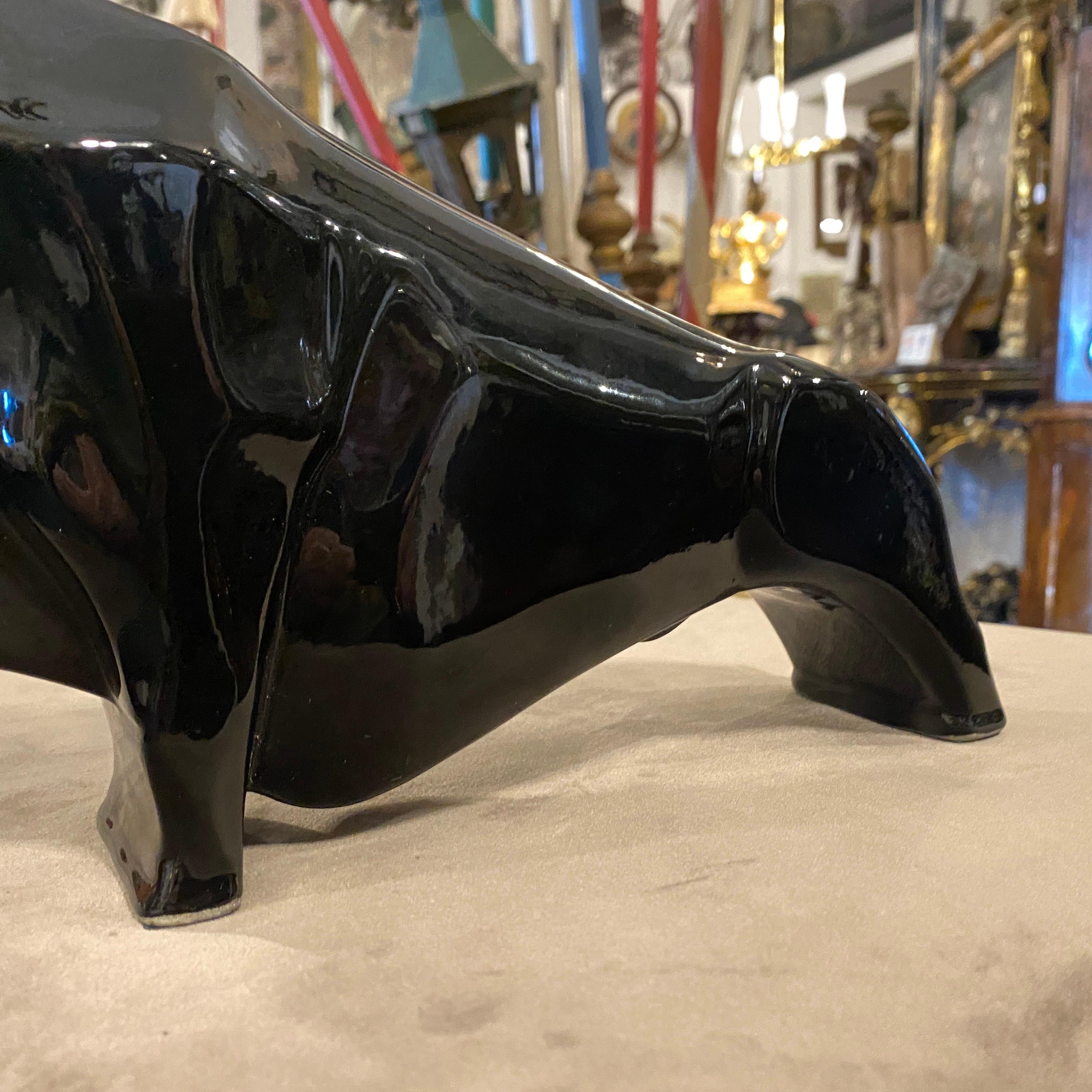 1980s Modernist Black Ceramic Bull 1