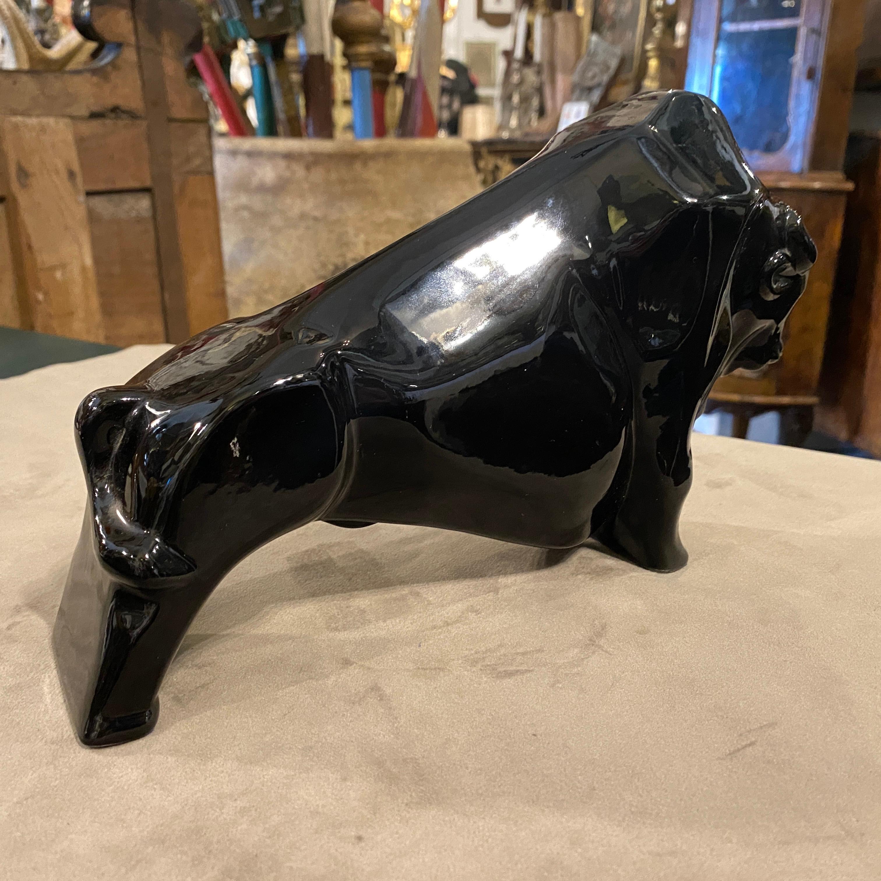 1980s Modernist Black Ceramic Bull 3
