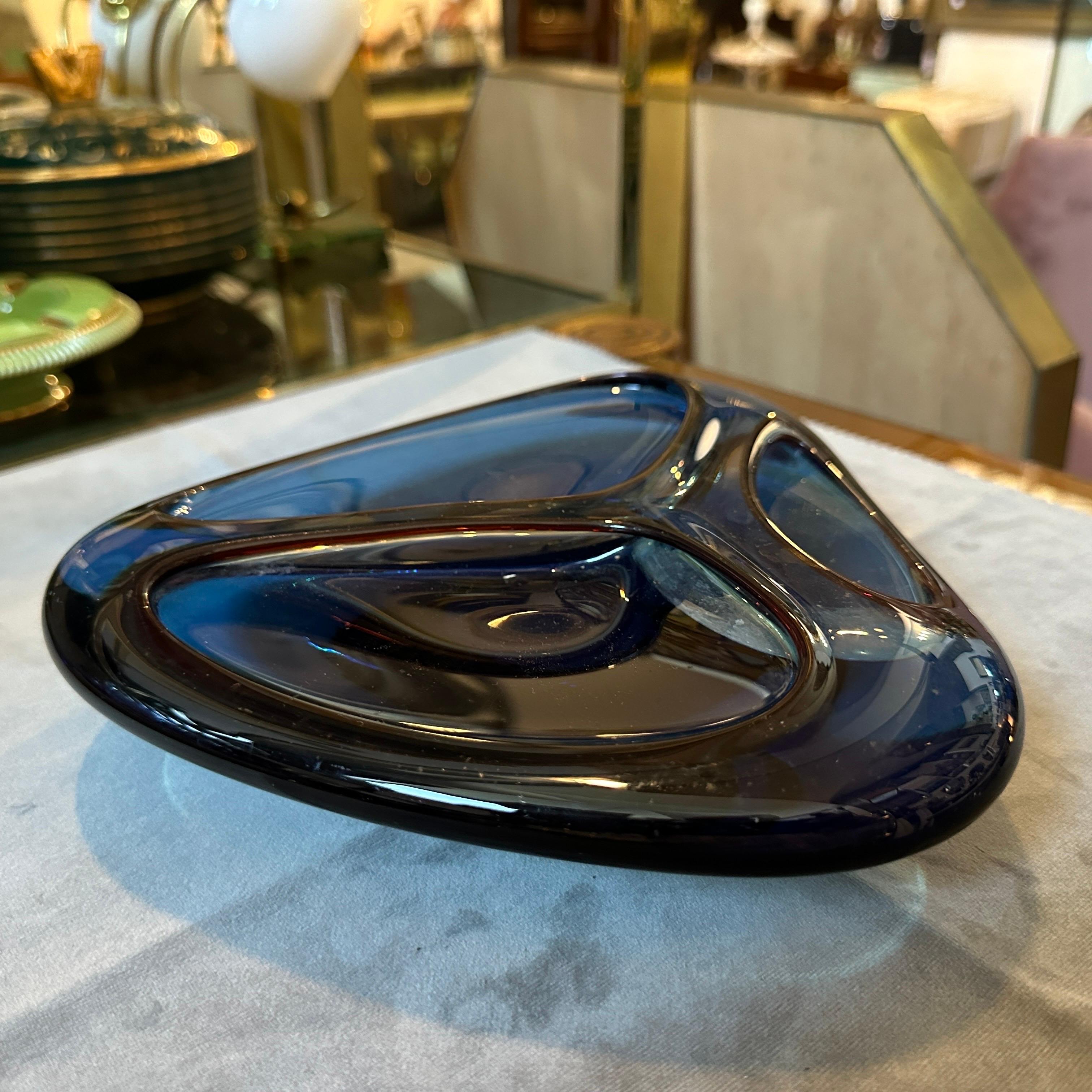 20th Century 1980s Modernist Blue and Brown Murano Glass Triangular Ashtray For Sale