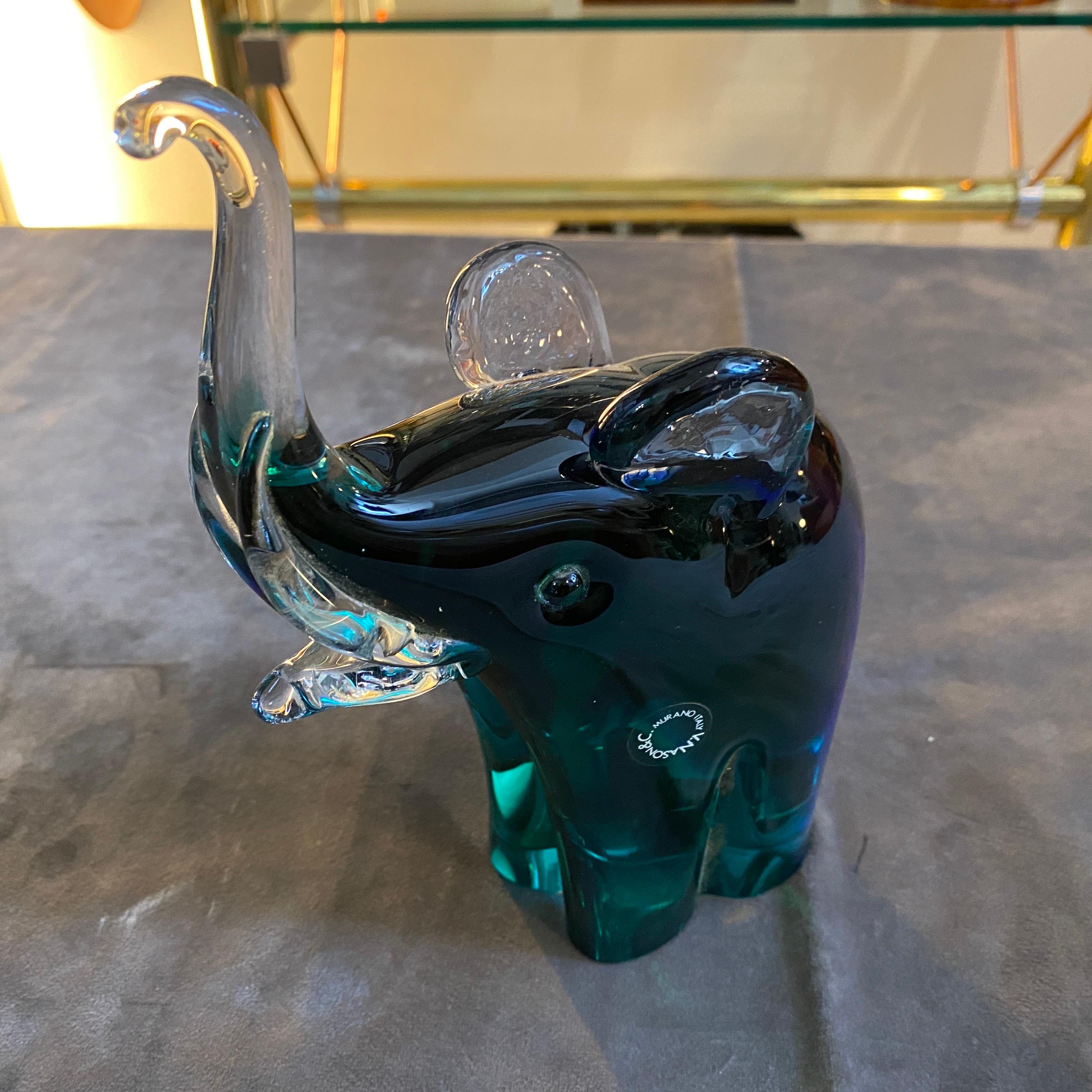 1980s Modernist Blue and Green Sommerso Murano Glass Elephant by Vincenzo Nason For Sale 4
