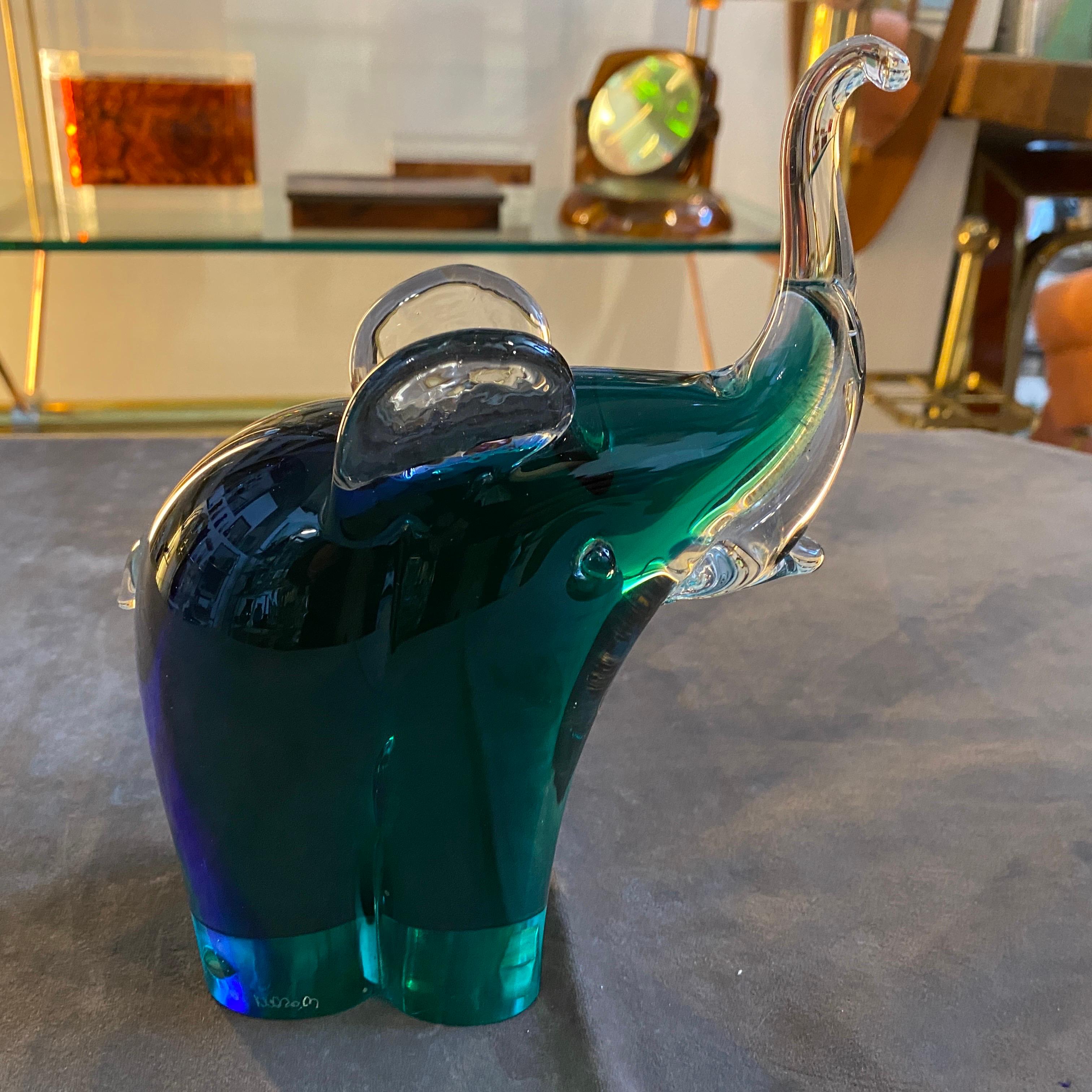 Hand-Crafted 1980s Modernist Blue and Green Sommerso Murano Glass Elephant by Vincenzo Nason For Sale