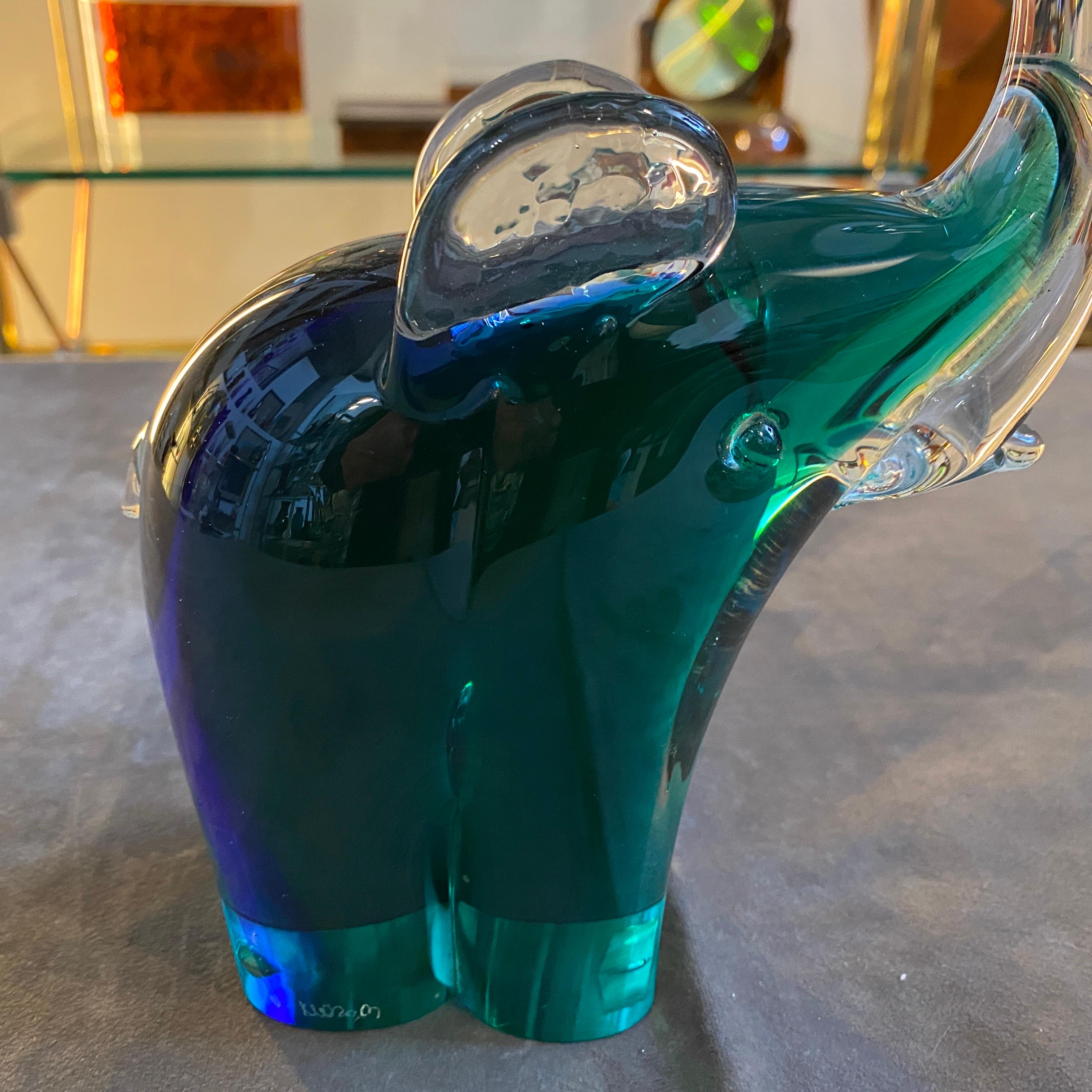 20th Century 1980s Modernist Blue and Green Sommerso Murano Glass Elephant by Vincenzo Nason For Sale