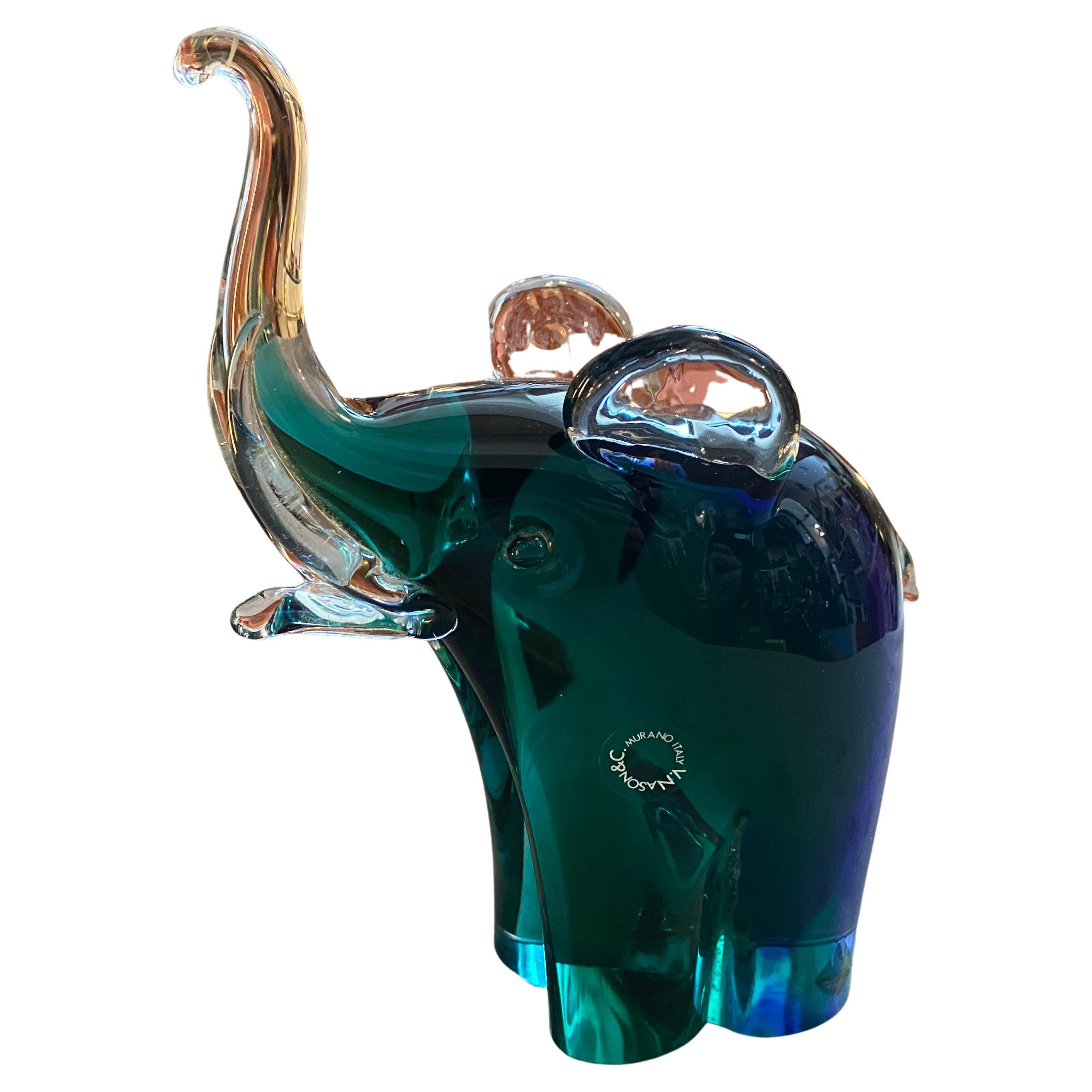 1980s Modernist Blue and Green Sommerso Murano Glass Elephant by Vincenzo Nason For Sale