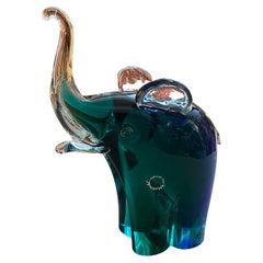 1980s Modernist Blue and Green Sommerso Murano Glass Elephant by Vincenzo Nason