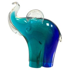1980s Modernist Blue and Green Sommerso Murano Glass Elephant by Vincenzo Nason