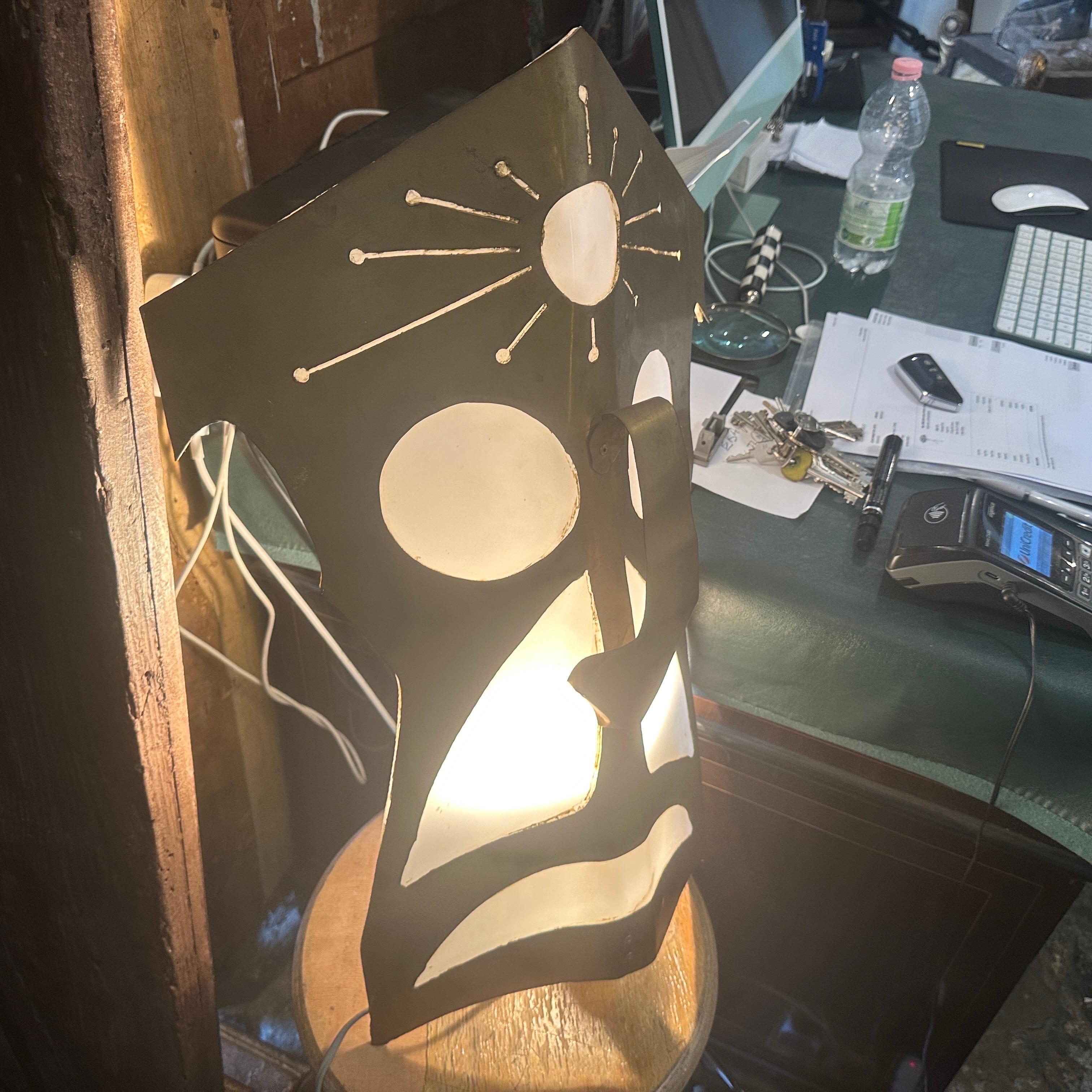 1980s Modernist Brass and White Plexiglass Tribal Mask Wall Light For Sale 5