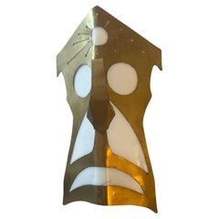 1980s Modernist Brass and White Plexiglass Tribal Mask Wall Light