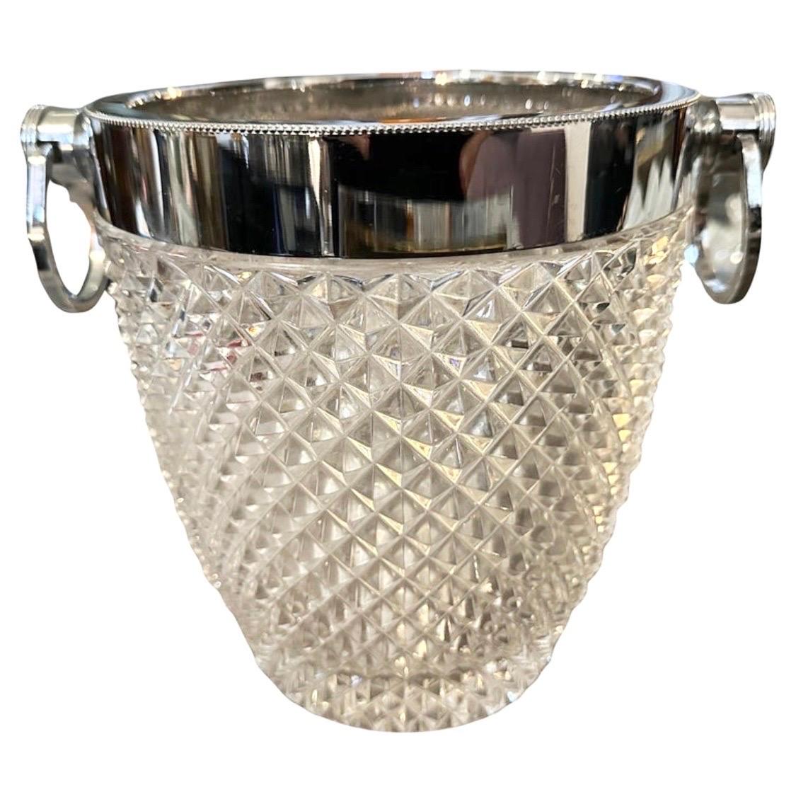 Enfriador de vino francés modernista de cristal y chapa de plata de los años 80