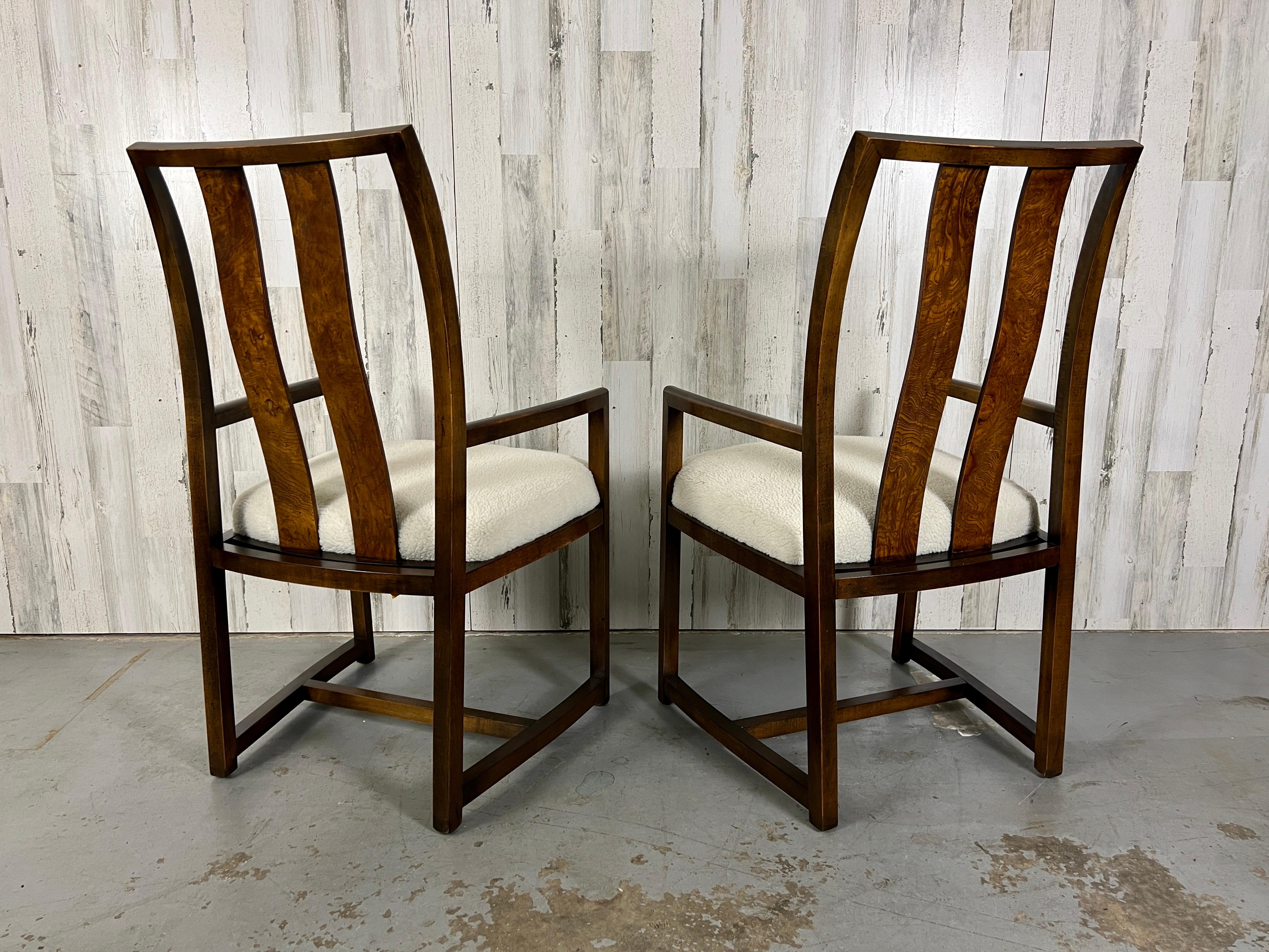 North American 1980s Modernist Dining Chairs with Burl Wood Back Splat For Sale