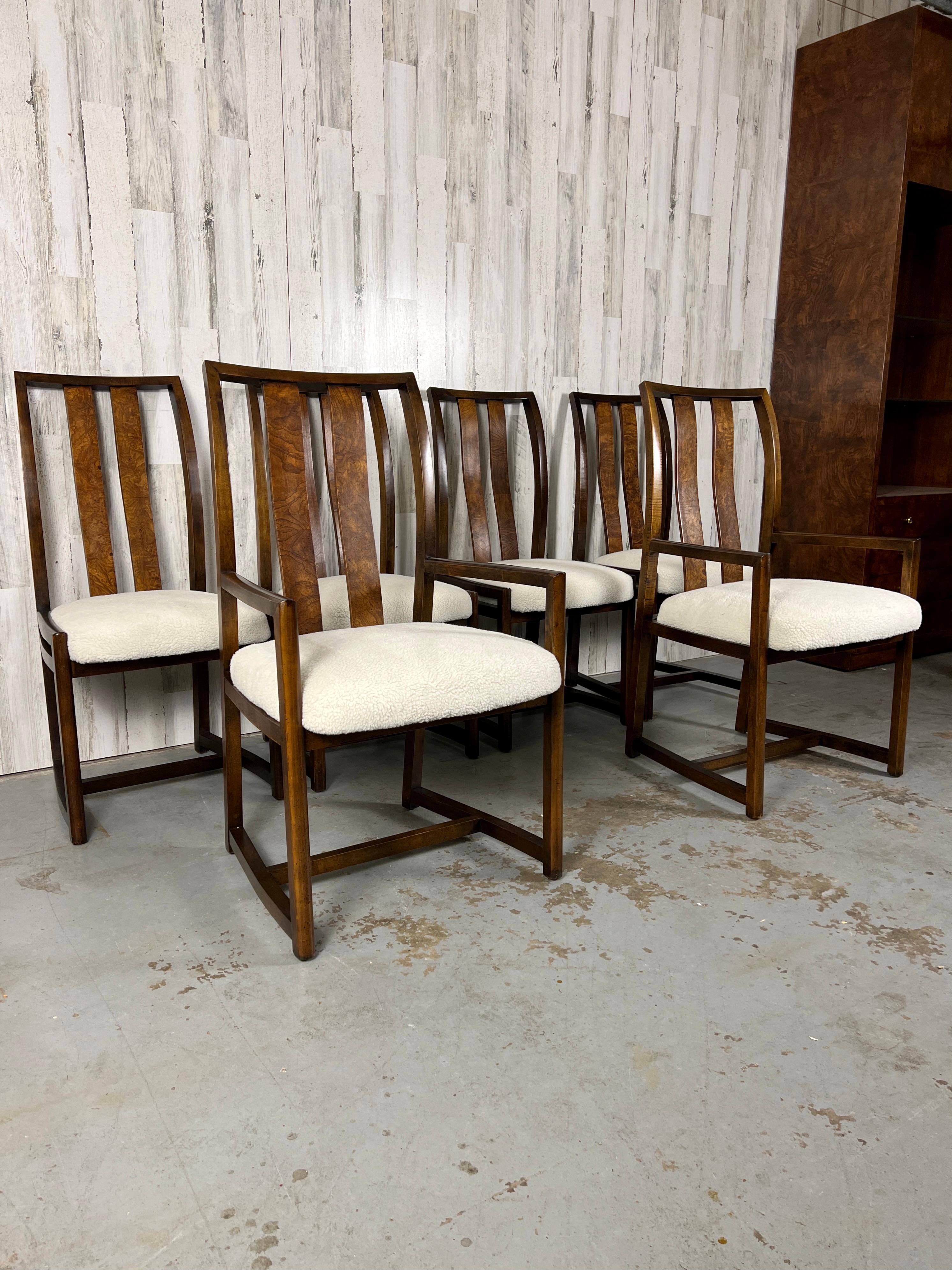 20th Century 1980s Modernist Dining Chairs with Burl Wood Back Splat For Sale