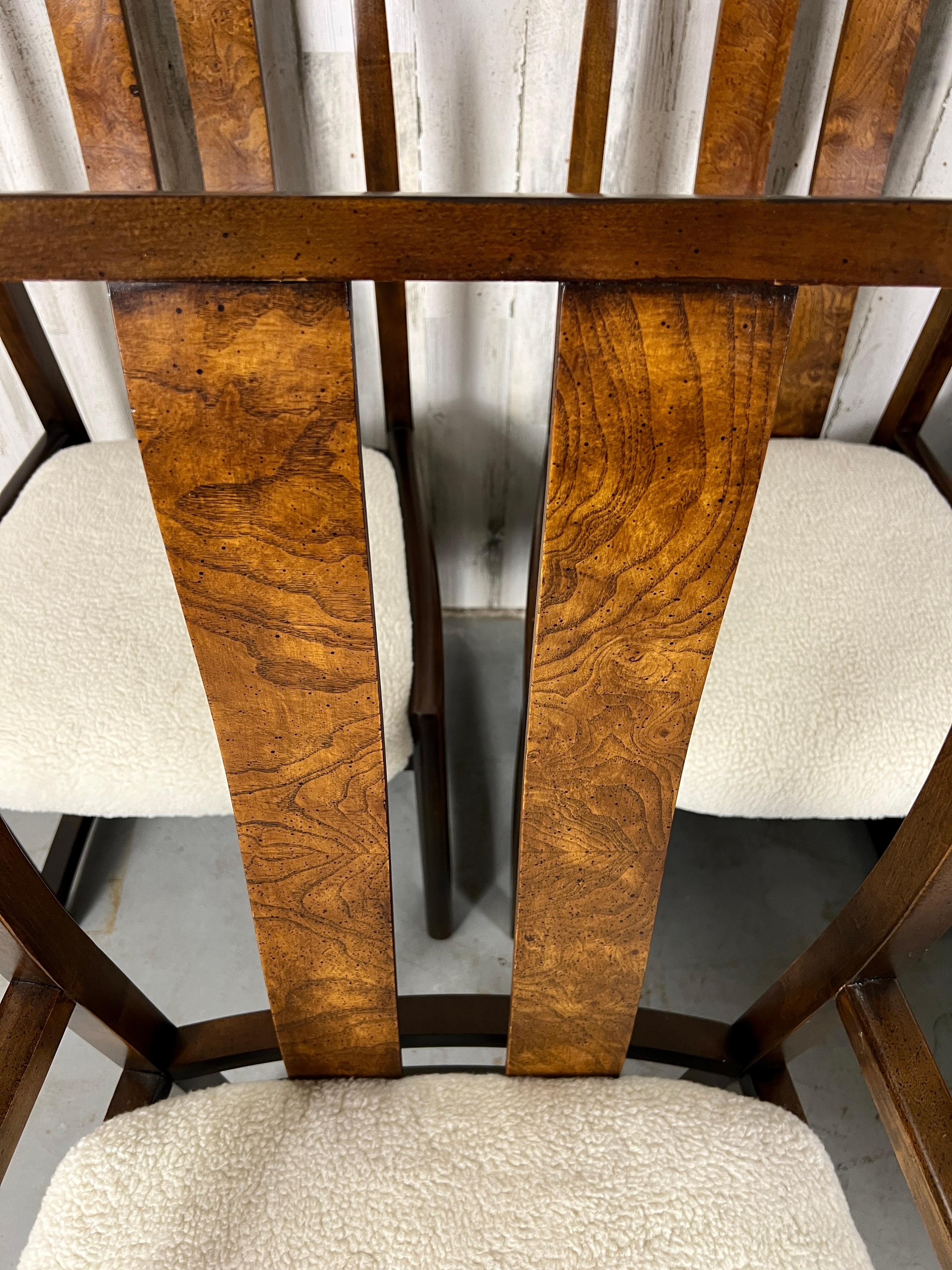 Upholstery 1980s Modernist Dining Chairs with Burl Wood Back Splat For Sale