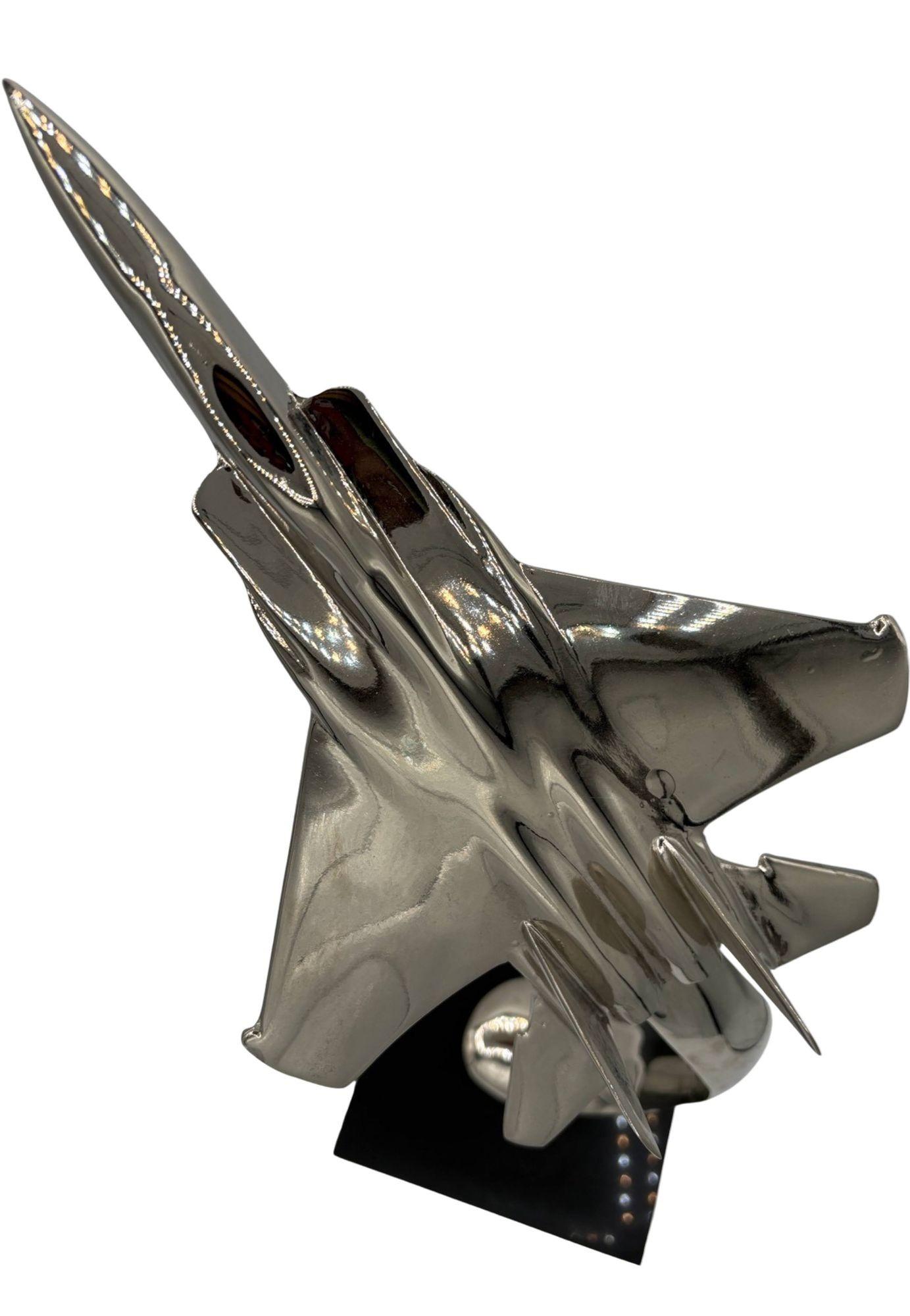 Post-Modern 1980s Modernist Douglas F/A-18 Hornet Chrome Sculpture w/ Black Granite Base For Sale