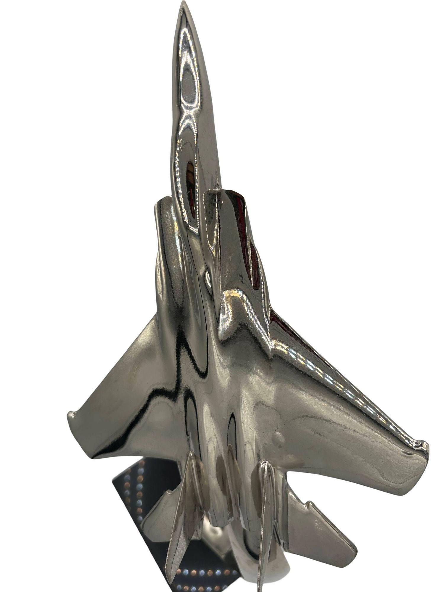 Steel 1980s Modernist Douglas F/A-18 Hornet Chrome Sculpture w/ Black Granite Base For Sale