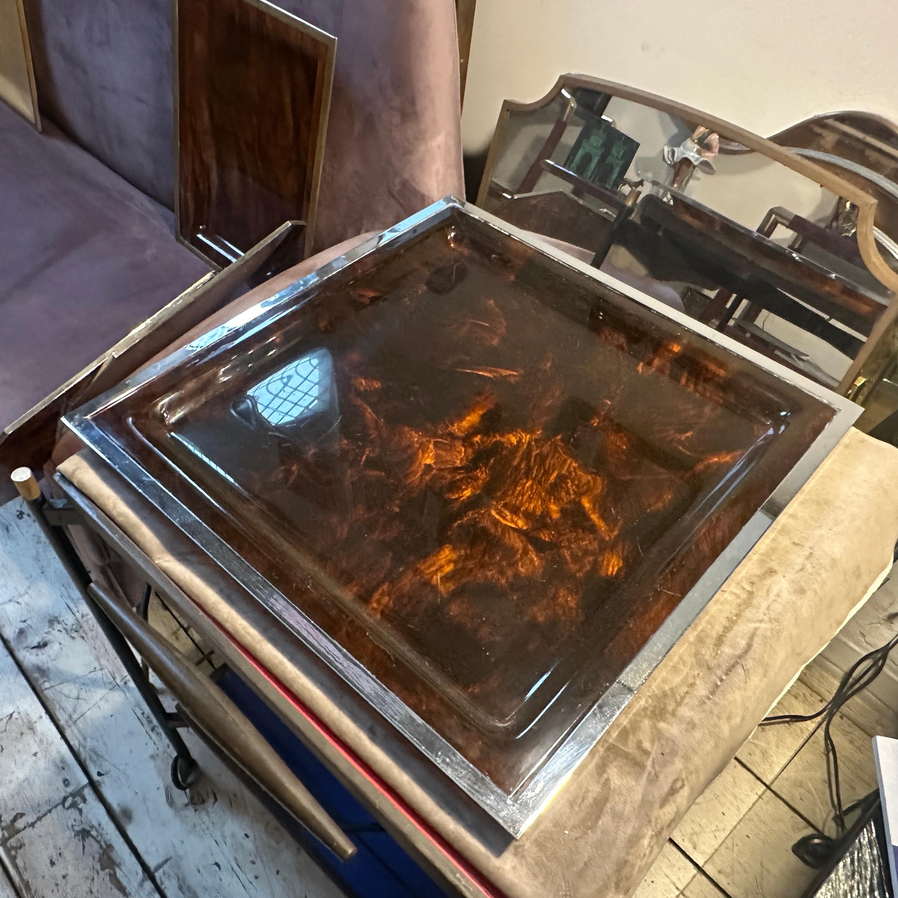 1980s Modernist Faux Tortoiseshell Lucite Square Tray by Ulderico Cavinato For Sale 3