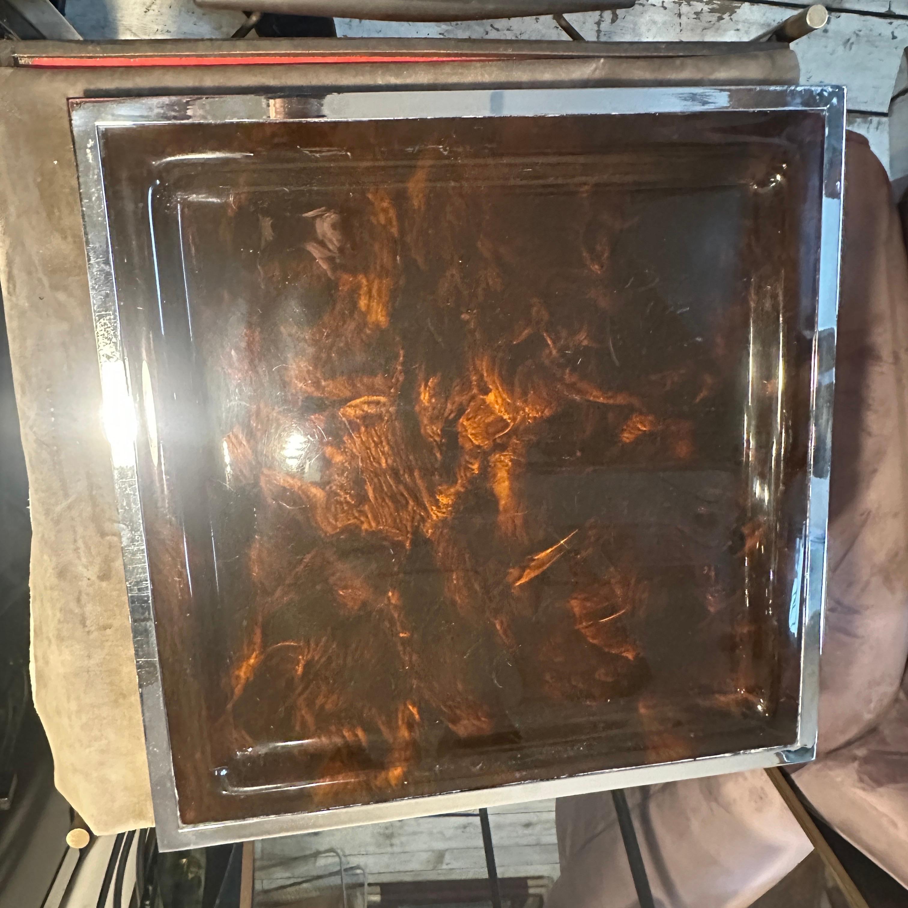 Silver Plate 1980s Modernist Faux Tortoiseshell Lucite Square Tray by Ulderico Cavinato For Sale