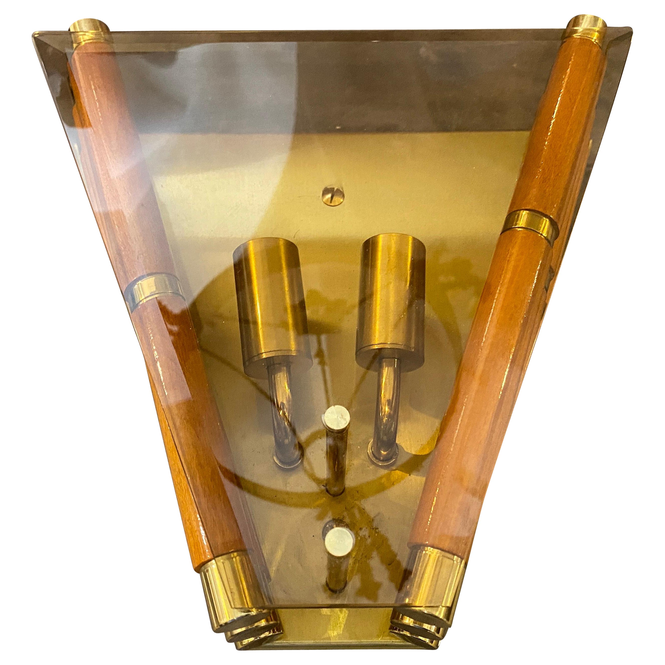 Aplique italiano modernista de cristal, madera y latón de los años 80