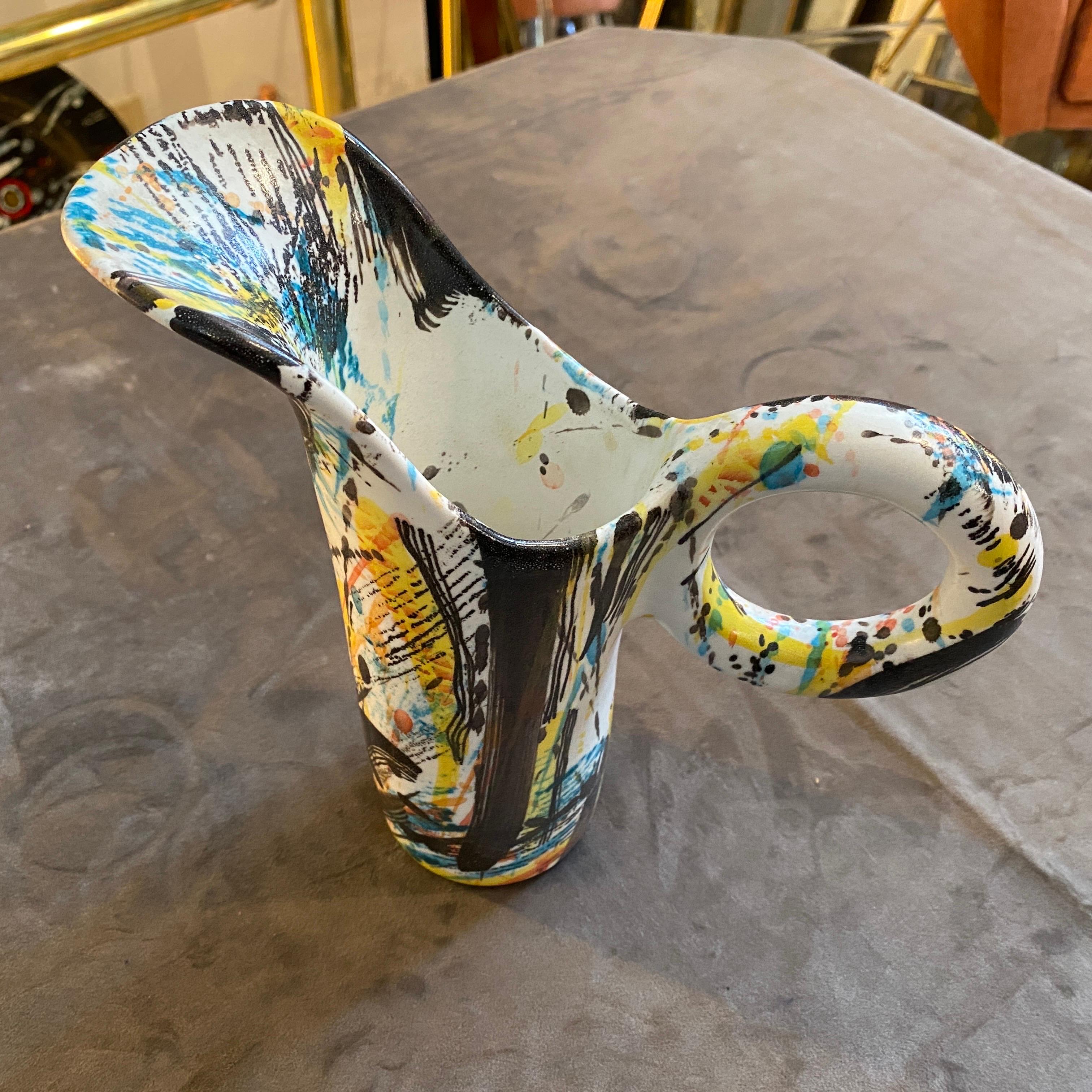 1980s Modernist Hand-Painted Ceramic Jug Vase by M Carbone per Ceramica Castelli For Sale 6