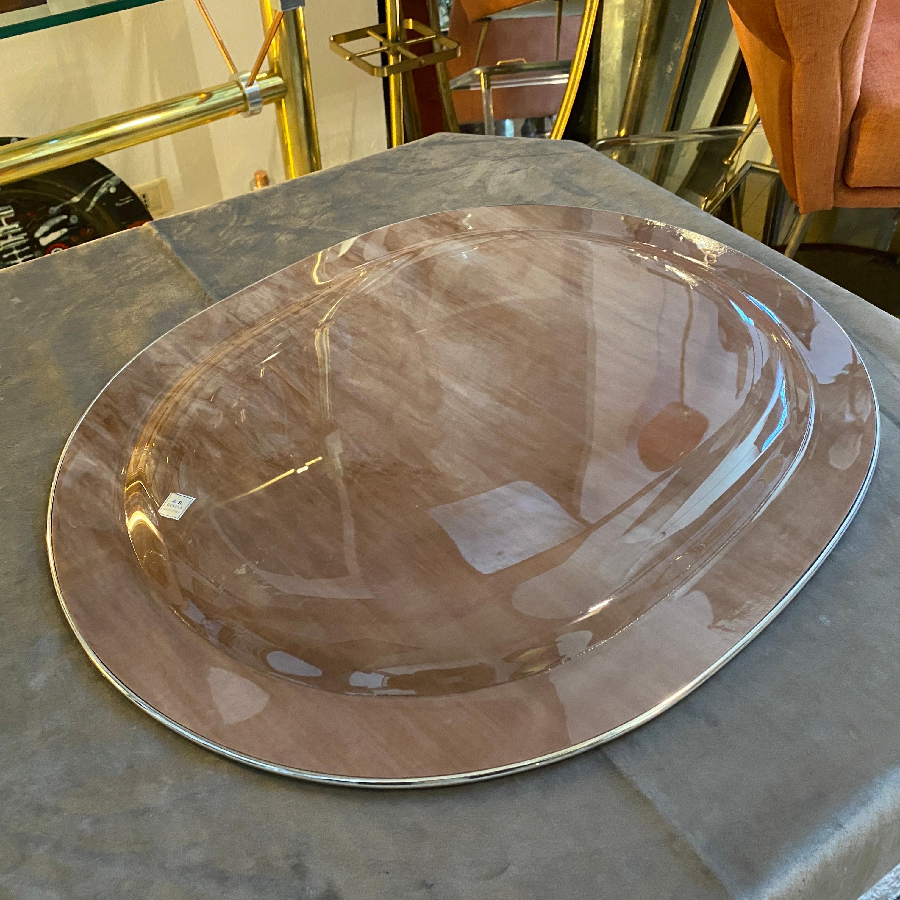 Italian 1980s Modernist Lucite and Silver Plated Oval Tray by B & B Genova For Sale