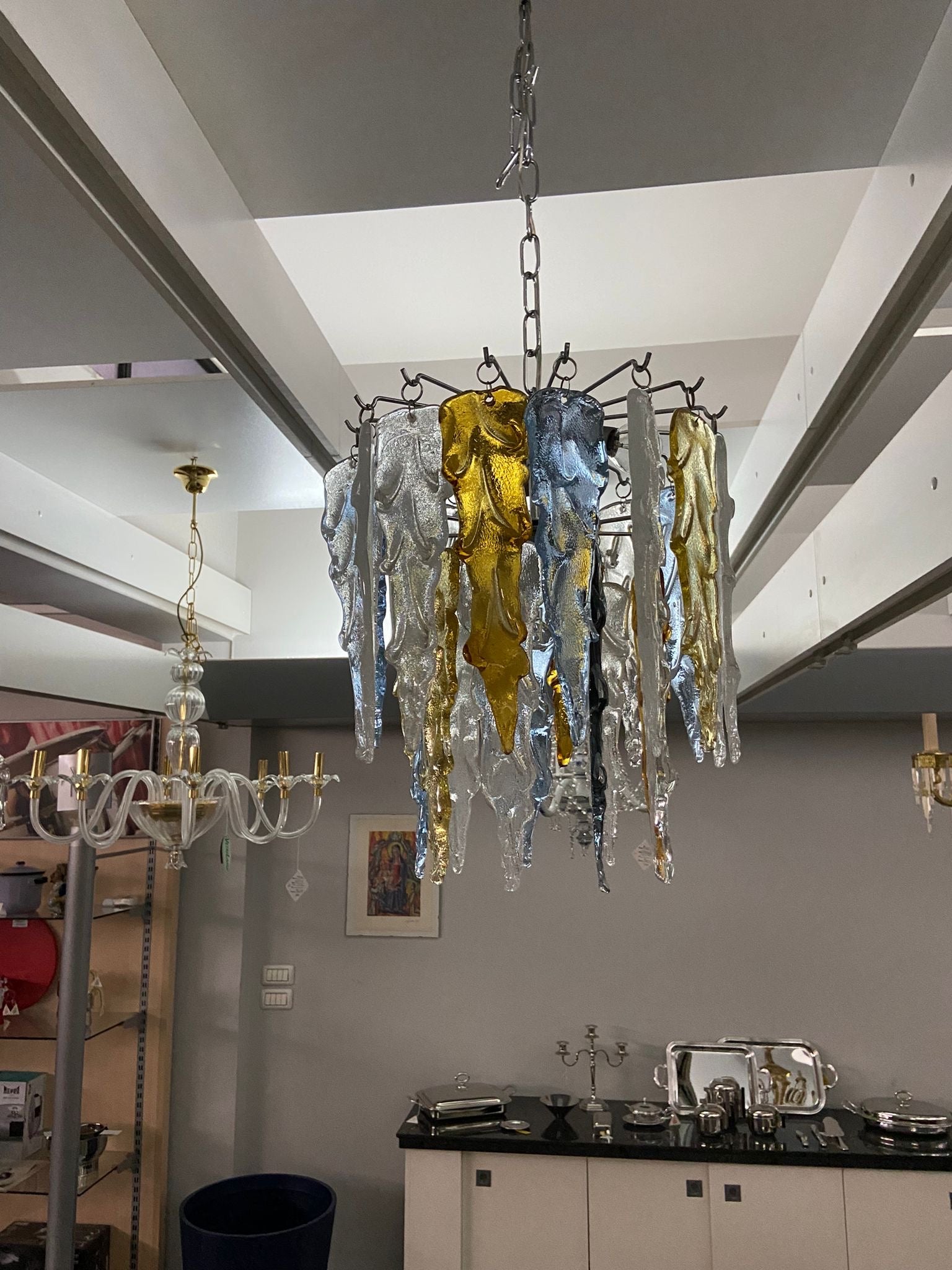 Italian 1980s Modernist Polychrome Murano Glass Cascade Chandelier by Mazzega For Sale