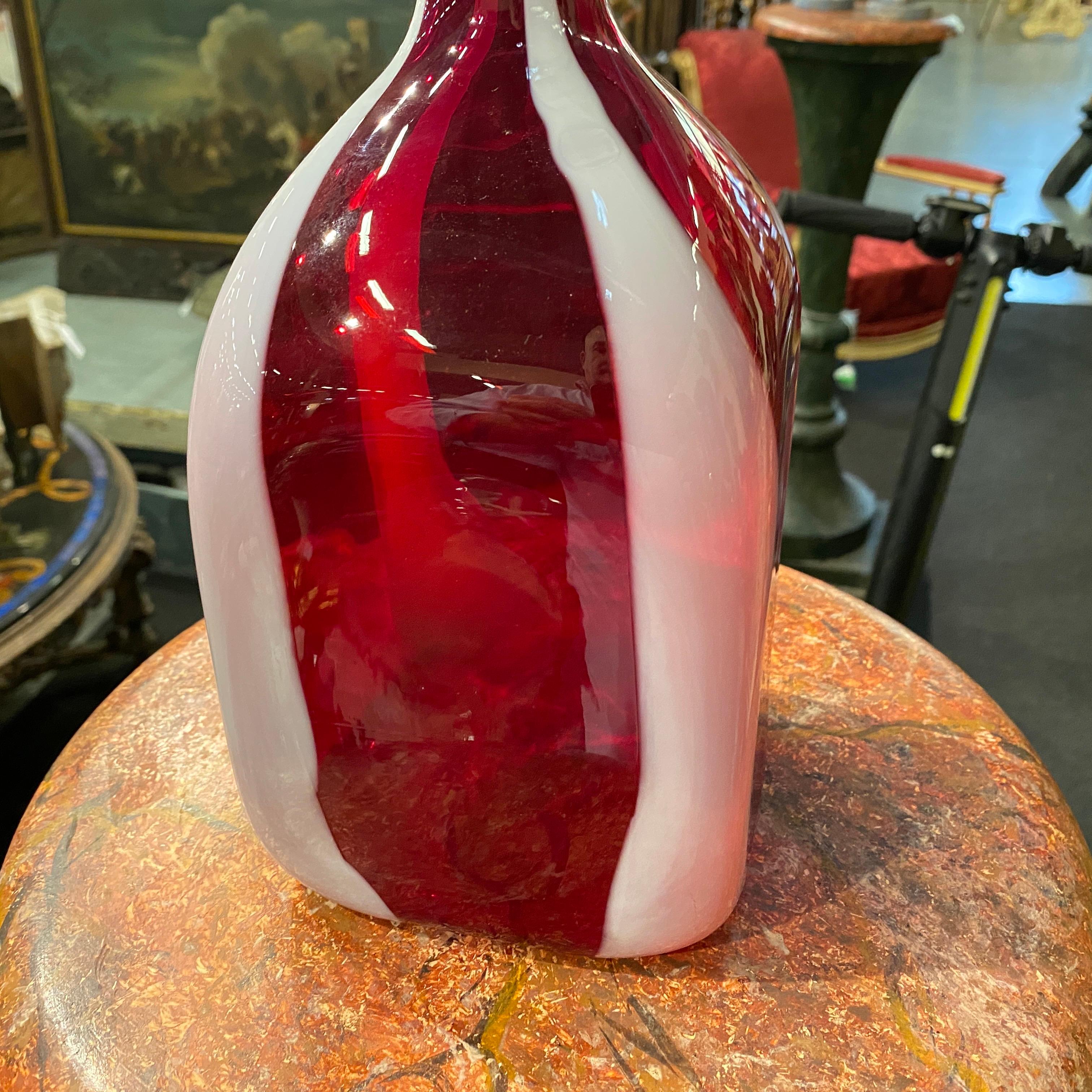 1980s Modernist Red and White Tall Murano Glass Bottle Vase by Carlo Moretti 1