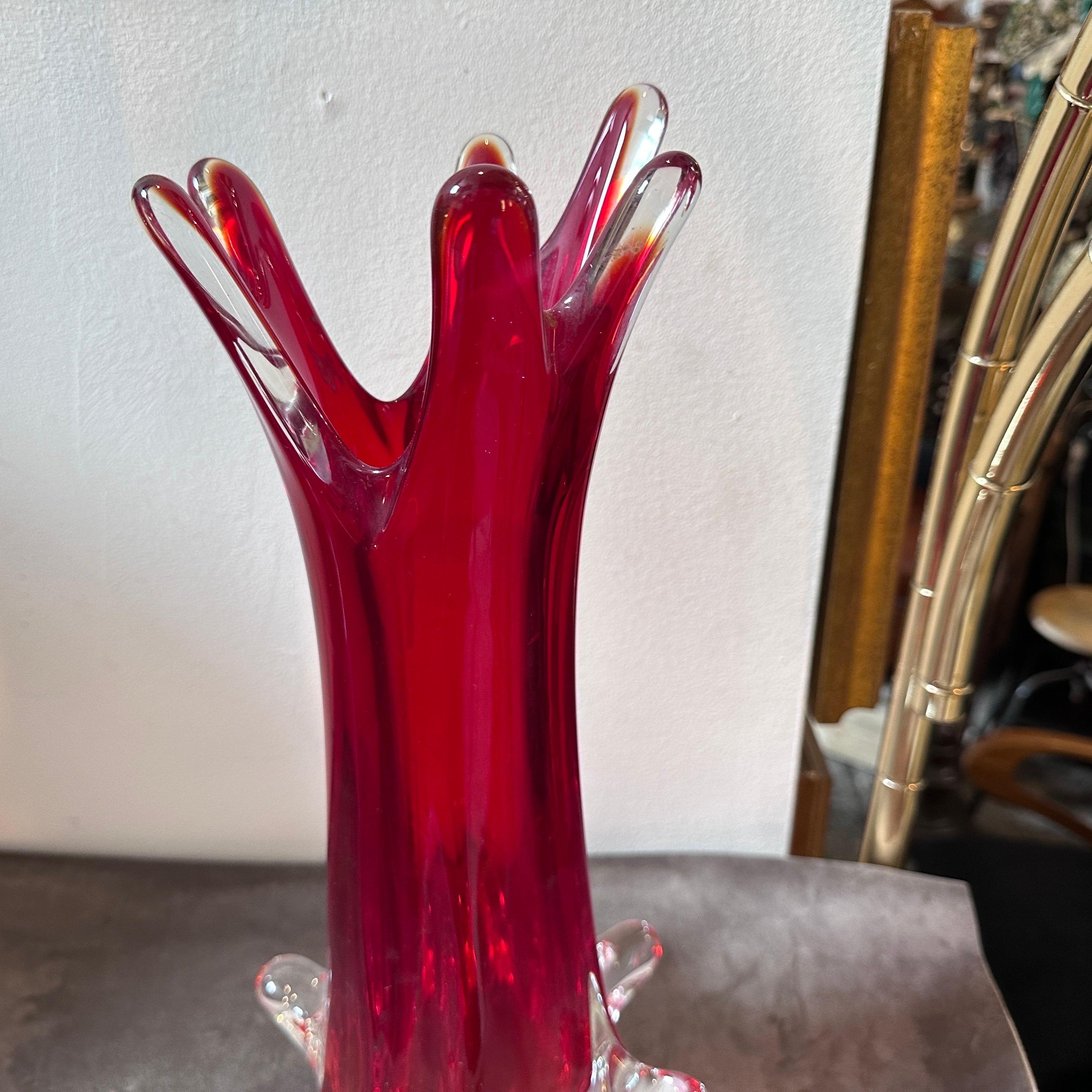 Hand-Crafted 1980s Modernist Red Sommerso Murano Glass Tall Vase by Seguso For Sale