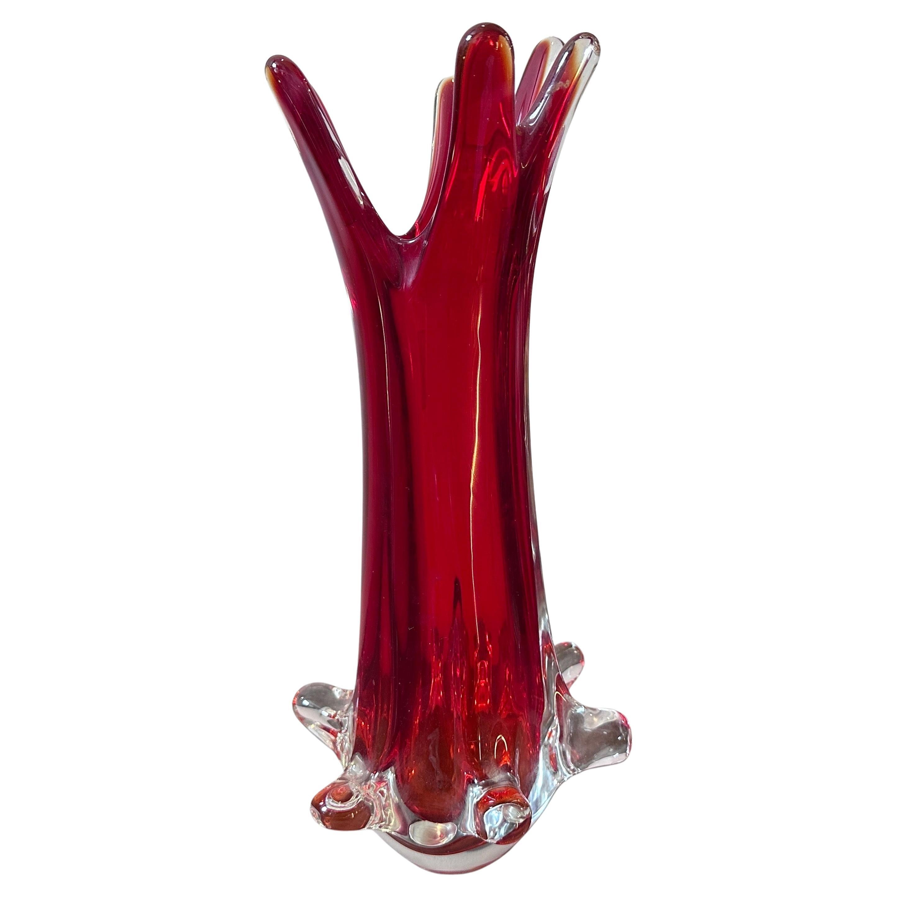 1980s Modernist Red Sommerso Murano Glass Tall Vase by Seguso For Sale