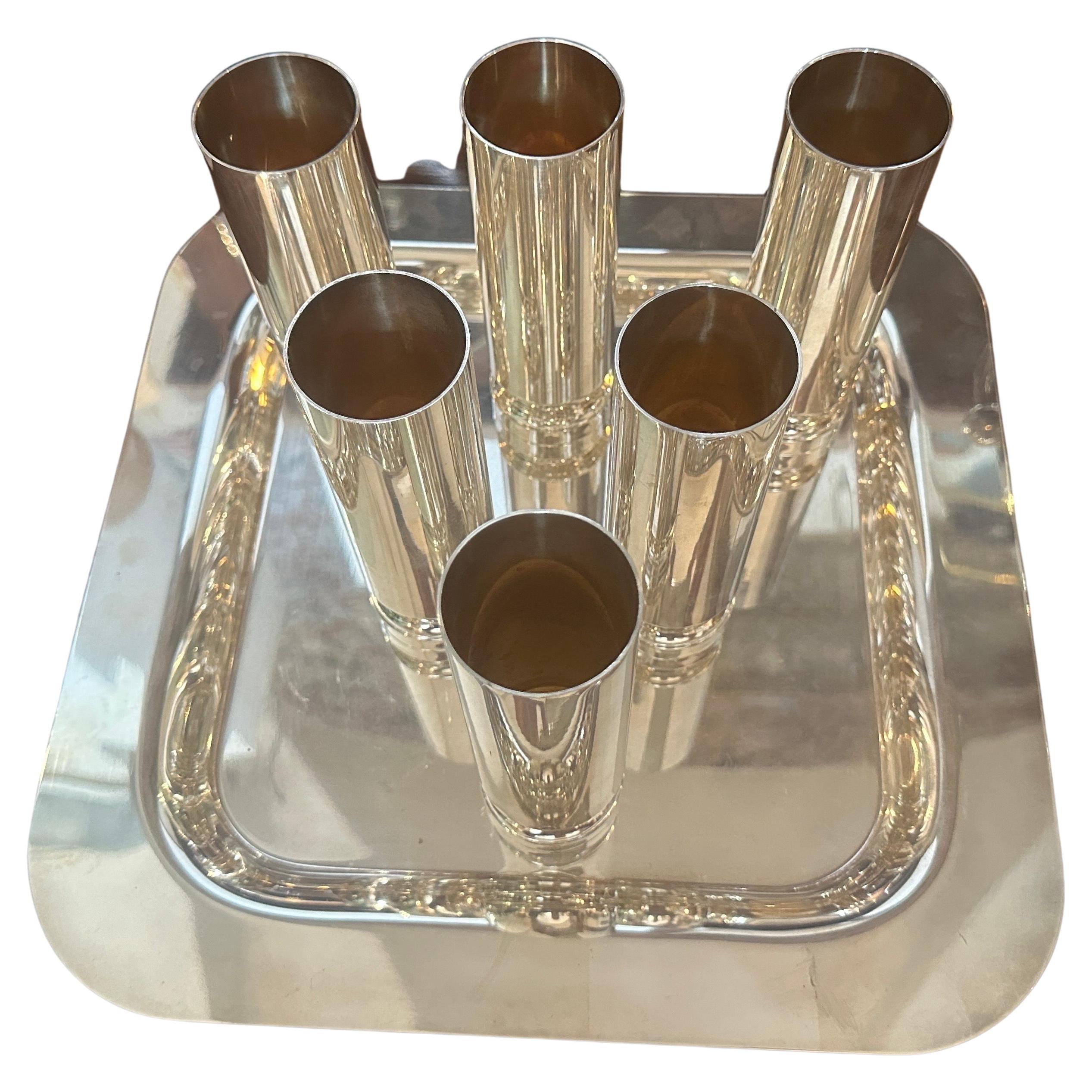 1980s Modernist Silver Plated Italian Square Tray and Champagne Flutes For Sale