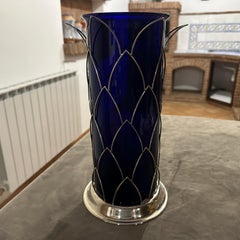 Modernistische Vase aus Sterlingsilber und blauem Murano-Glas von Cleto Munari aus den 1980er Jahren