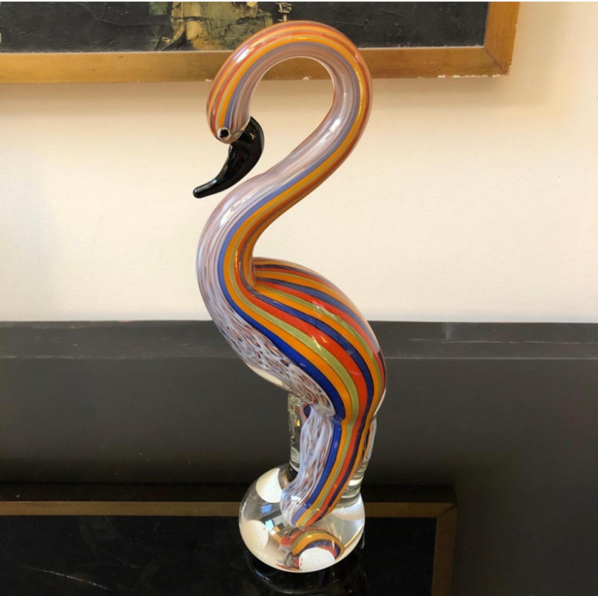Hand-Crafted 1980s Modernist Striped Murano Glass Flamingo by Ferro & Lazzarini