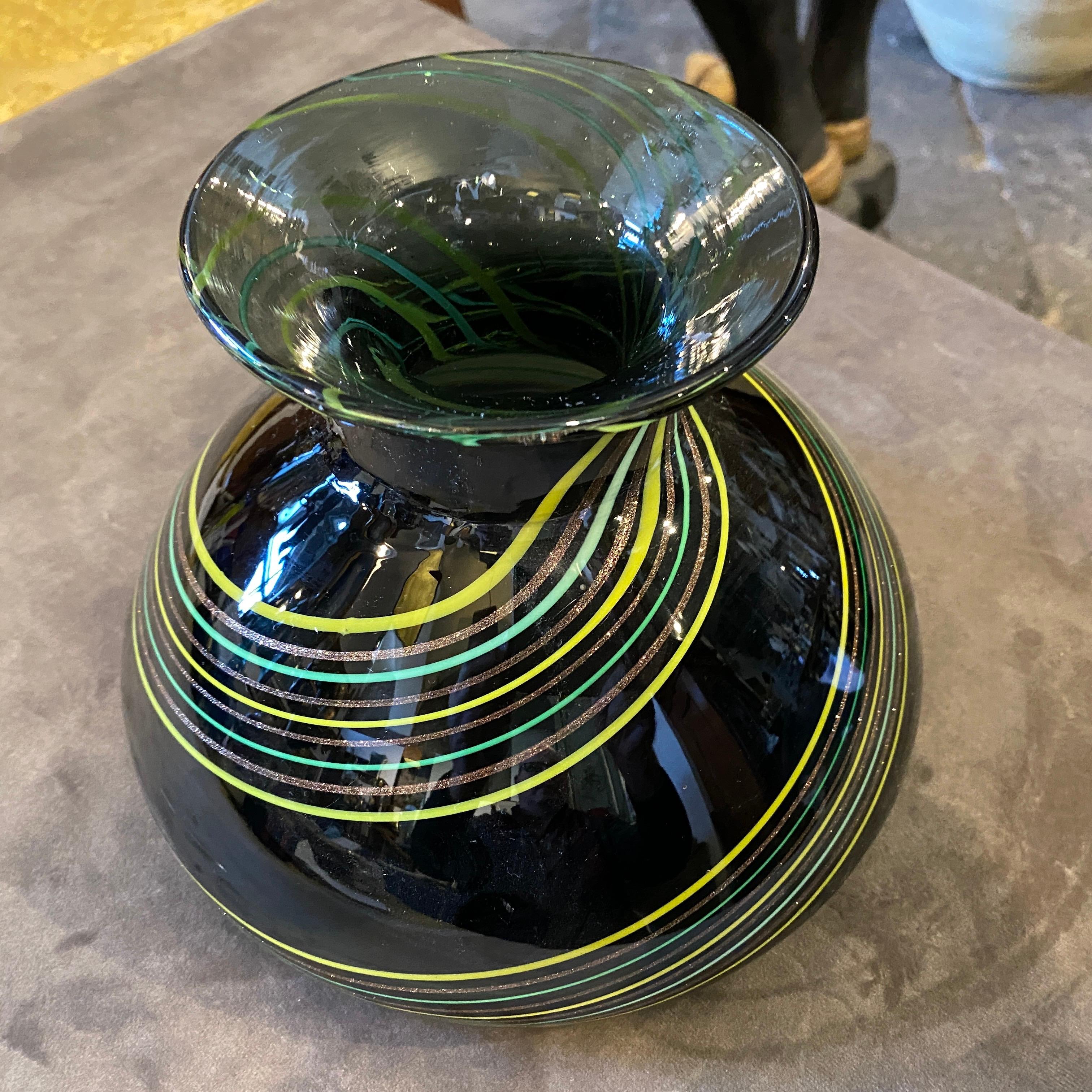 Italian 1980s Modernist Black Green and Yellow Striped Murano Glass Vase For Sale