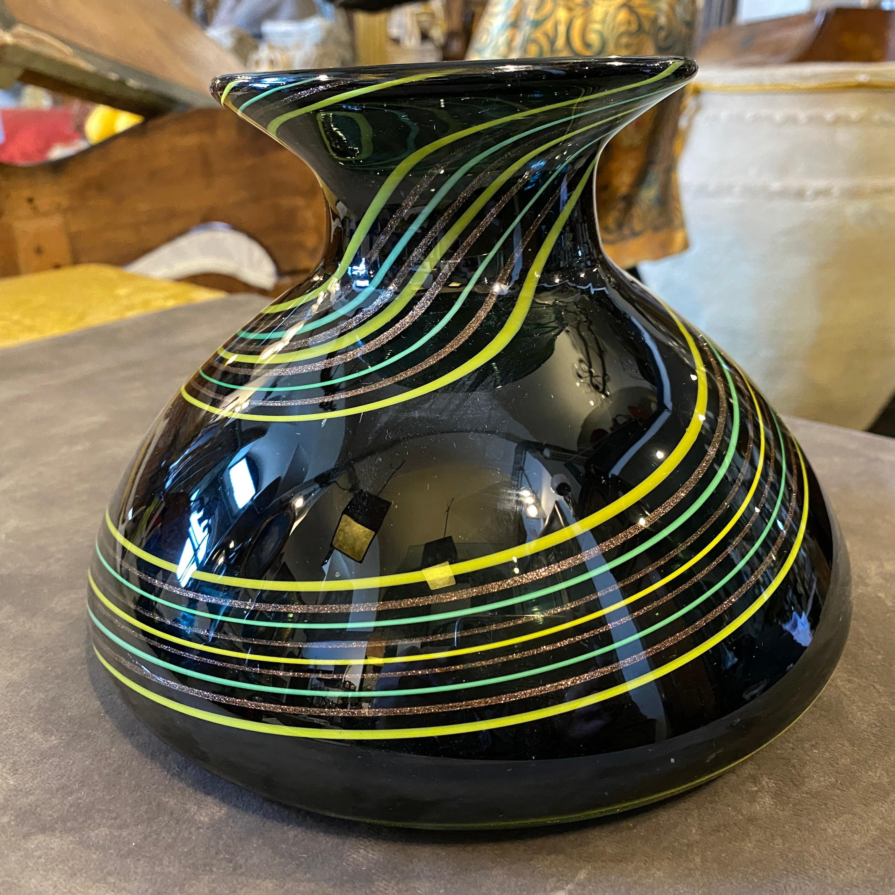 Hand-Crafted 1980s Modernist Black Green and Yellow Striped Murano Glass Vase For Sale