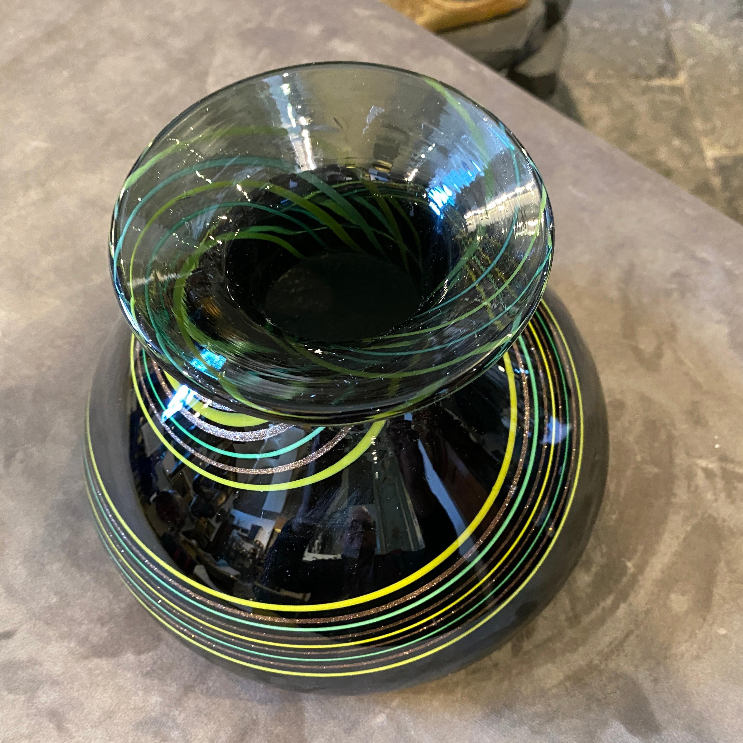20th Century 1980s Modernist Black Green and Yellow Striped Murano Glass Vase For Sale
